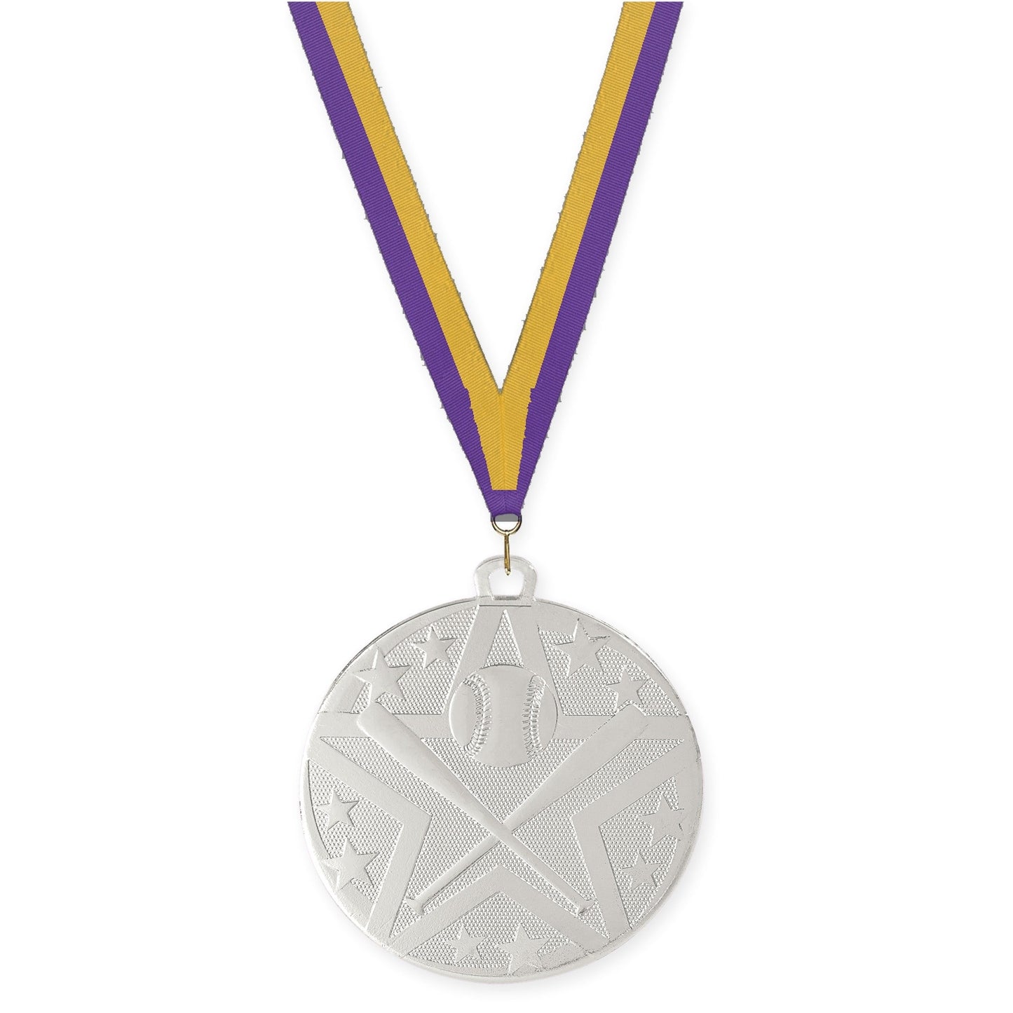 2 inch baseball and softball Superstar medal in silver with Purple Gold neck ribbon