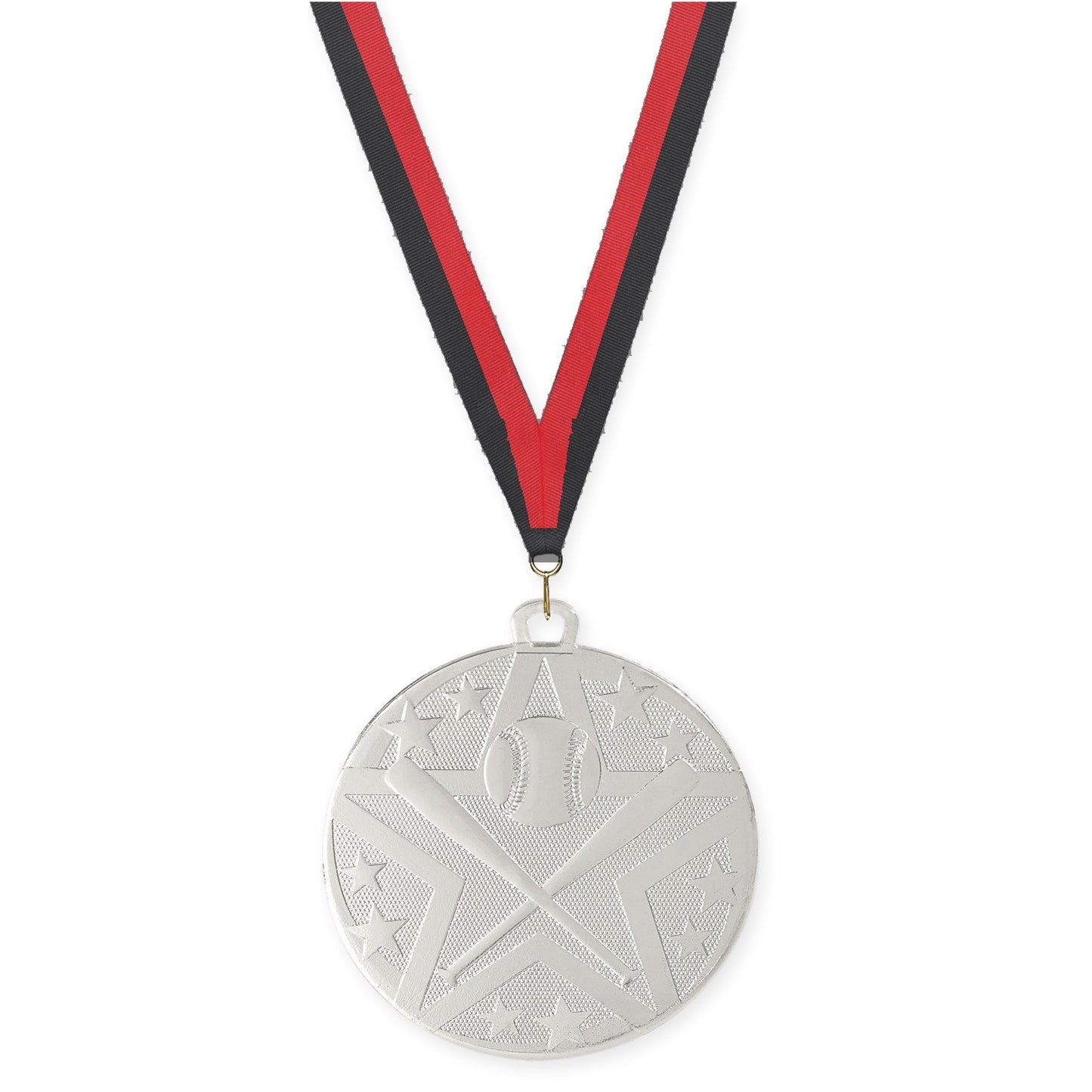 2 inch baseball and softball Superstar medal in silver with Black Red neck ribbon