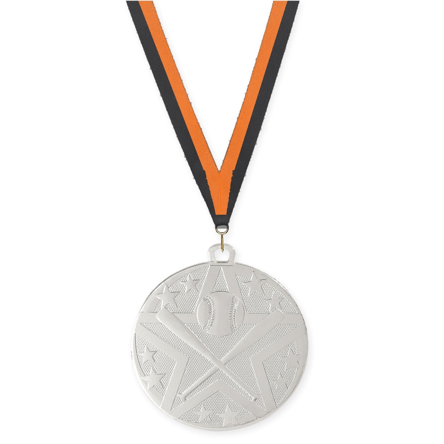 2 inch baseball and softball Superstar medal in silver with Black Orange neck ribbon