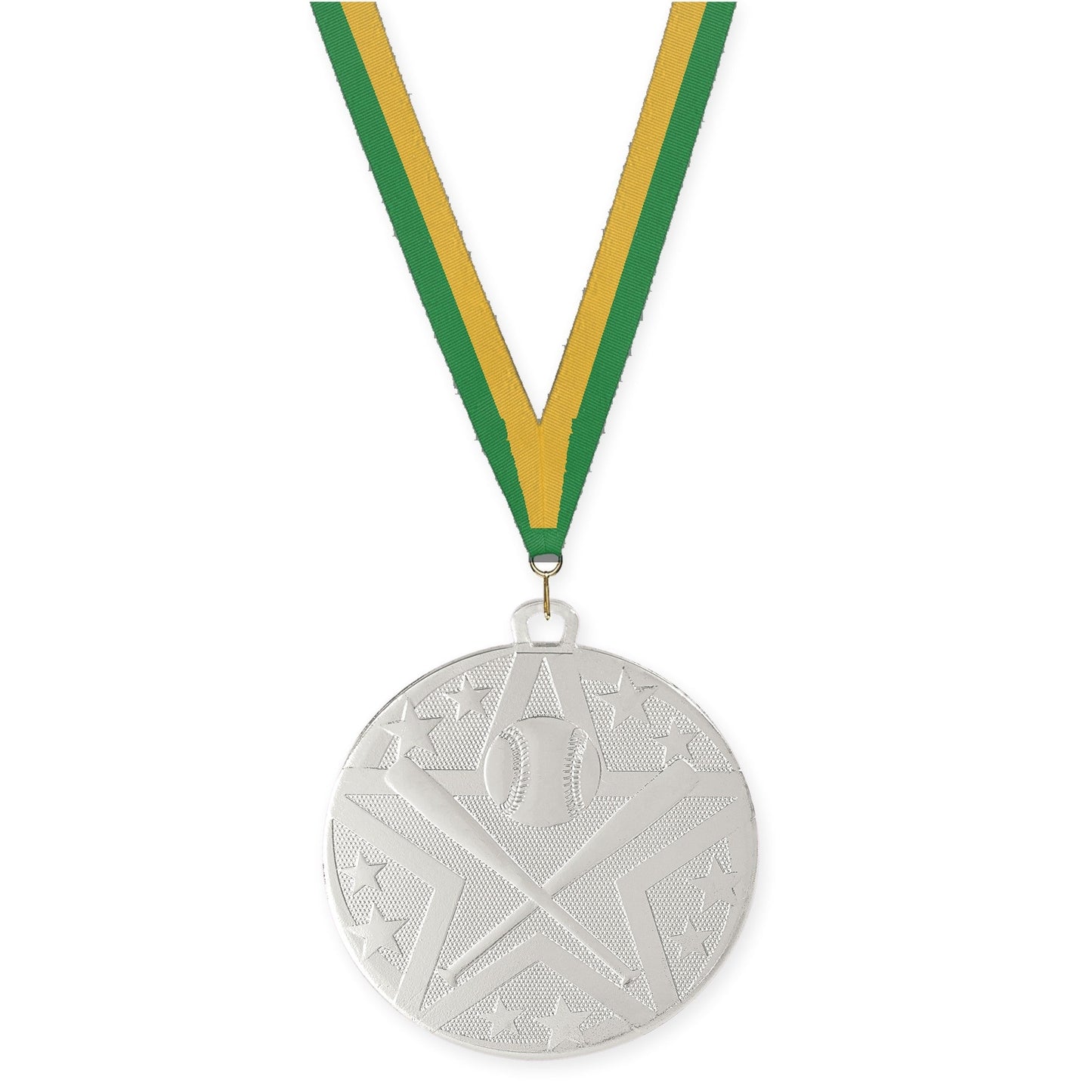 2 inch baseball and softball Superstar medal in silver with Green Gold neck ribbon