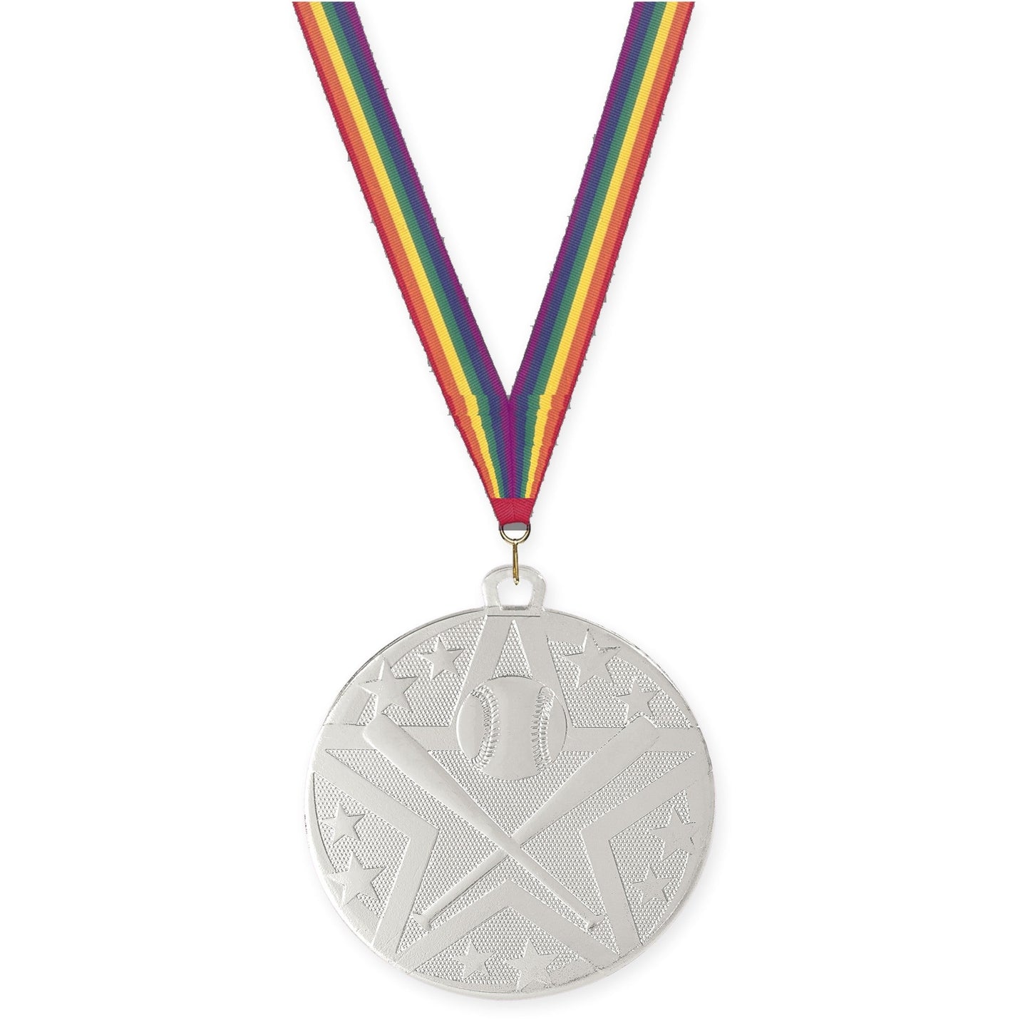 2 inch baseball and softball Superstar medal in silver with Rainbow neck ribbon