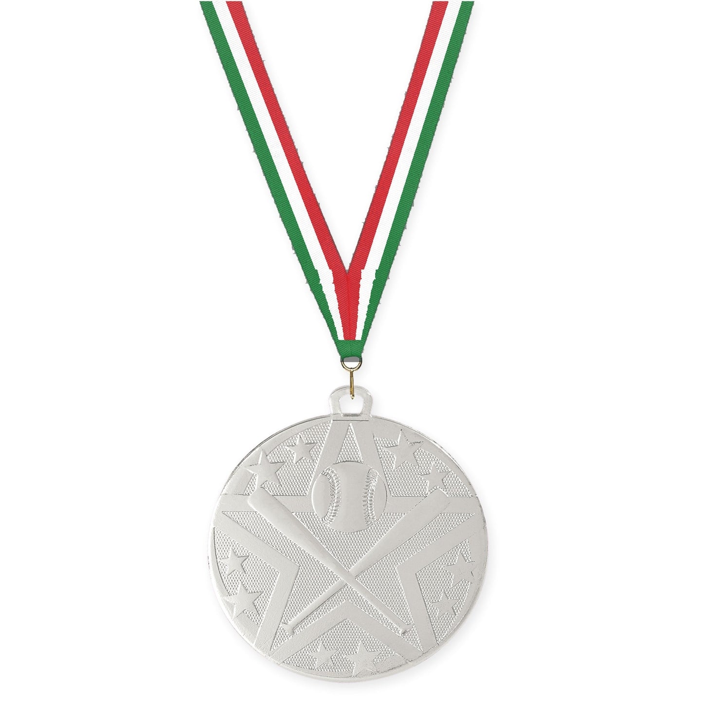 2 inch baseball and softball Superstar medal in silver with Green White Red neck ribbon