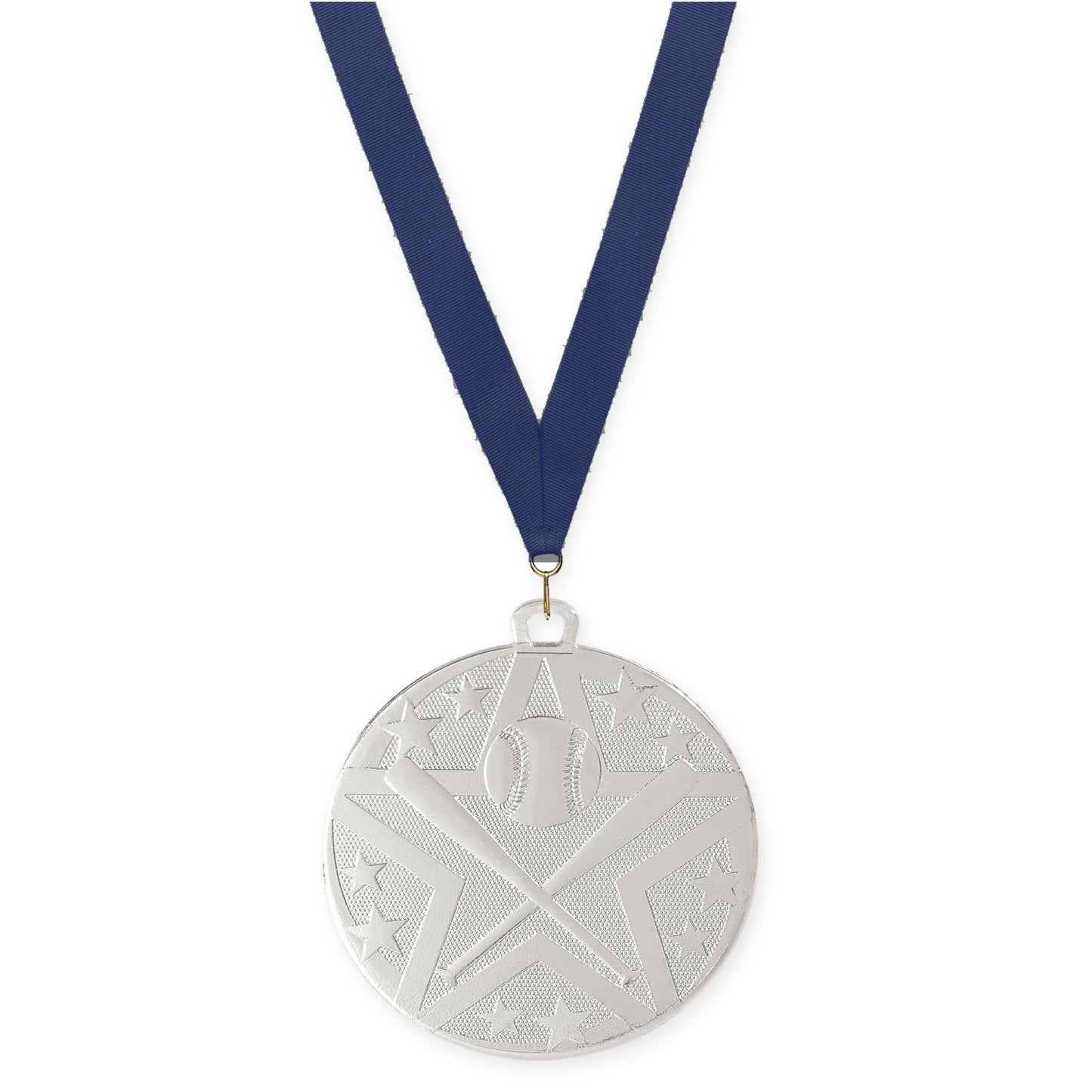 2 inch baseball and softball Superstar medal in silver with Navy neck ribbon