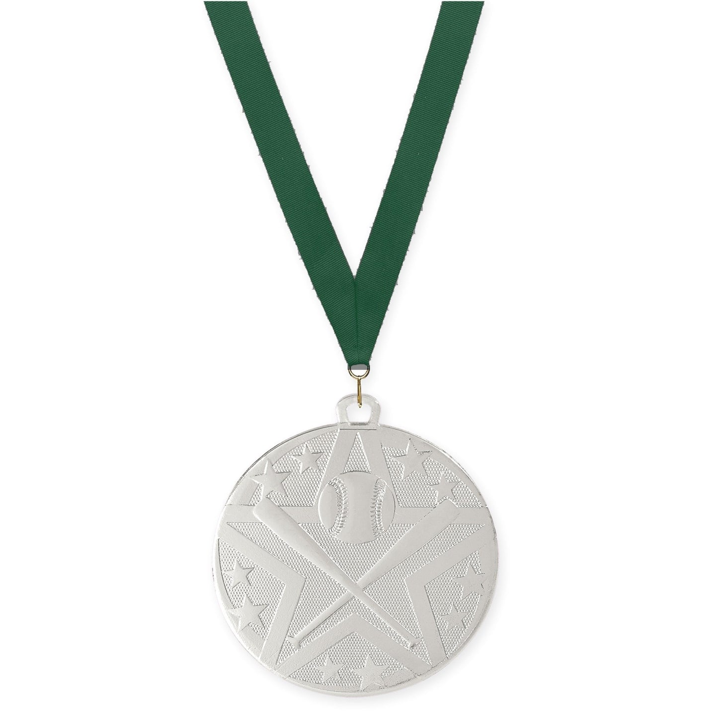 2 inch baseball and softball Superstar medal in silver with Hunter Green neck ribbon