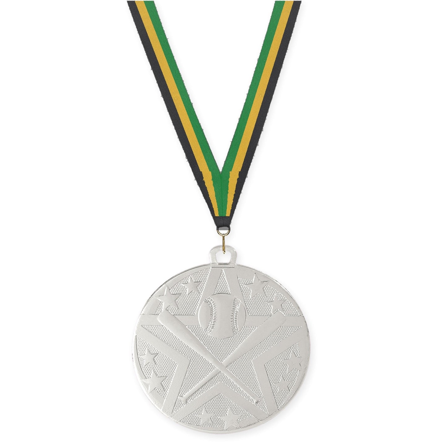2 inch baseball and softball Superstar medal in silver with Black Gold Green neck ribbon