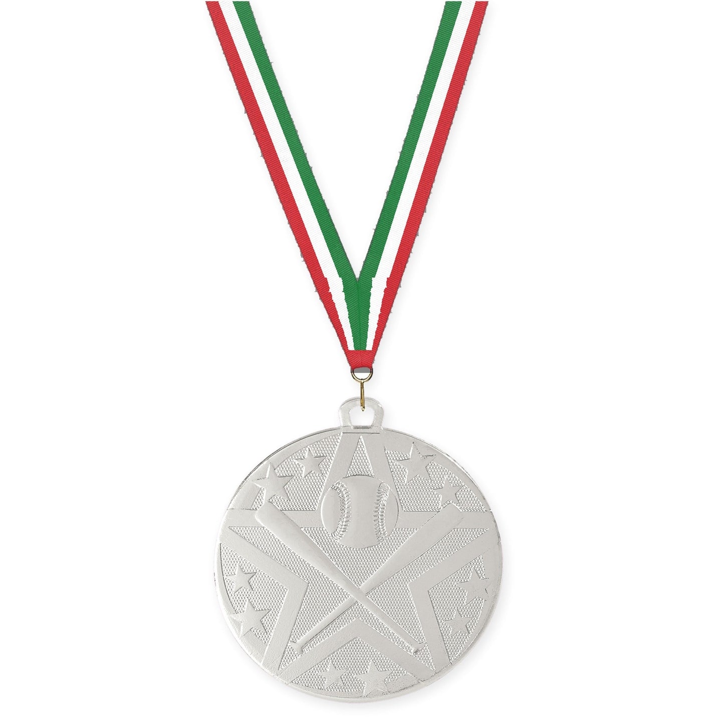 2 inch baseball and softball Superstar medal in silver with Red White Green neck ribbon