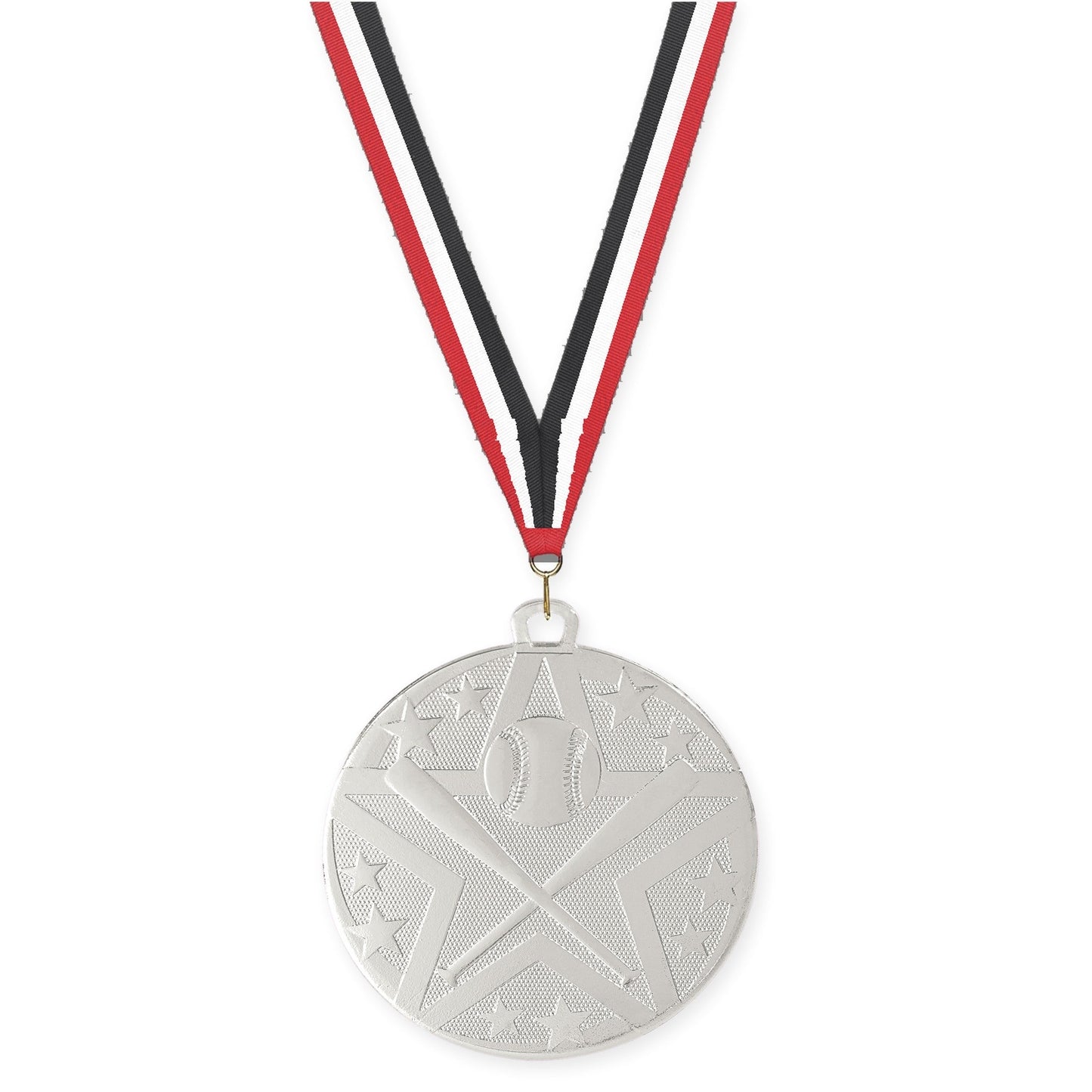 2 inch baseball and softball Superstar medal in silver with Red White Black neck ribbon