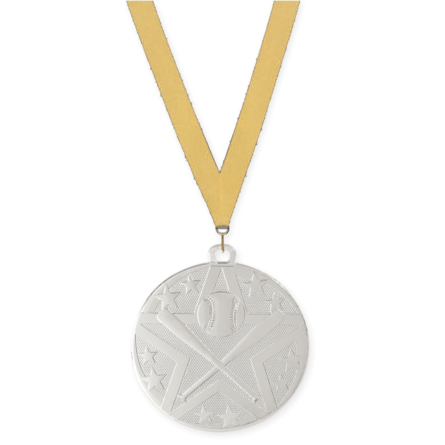 2 inch baseball and softball Superstar medal in silver with Gold Metallic neck ribbon