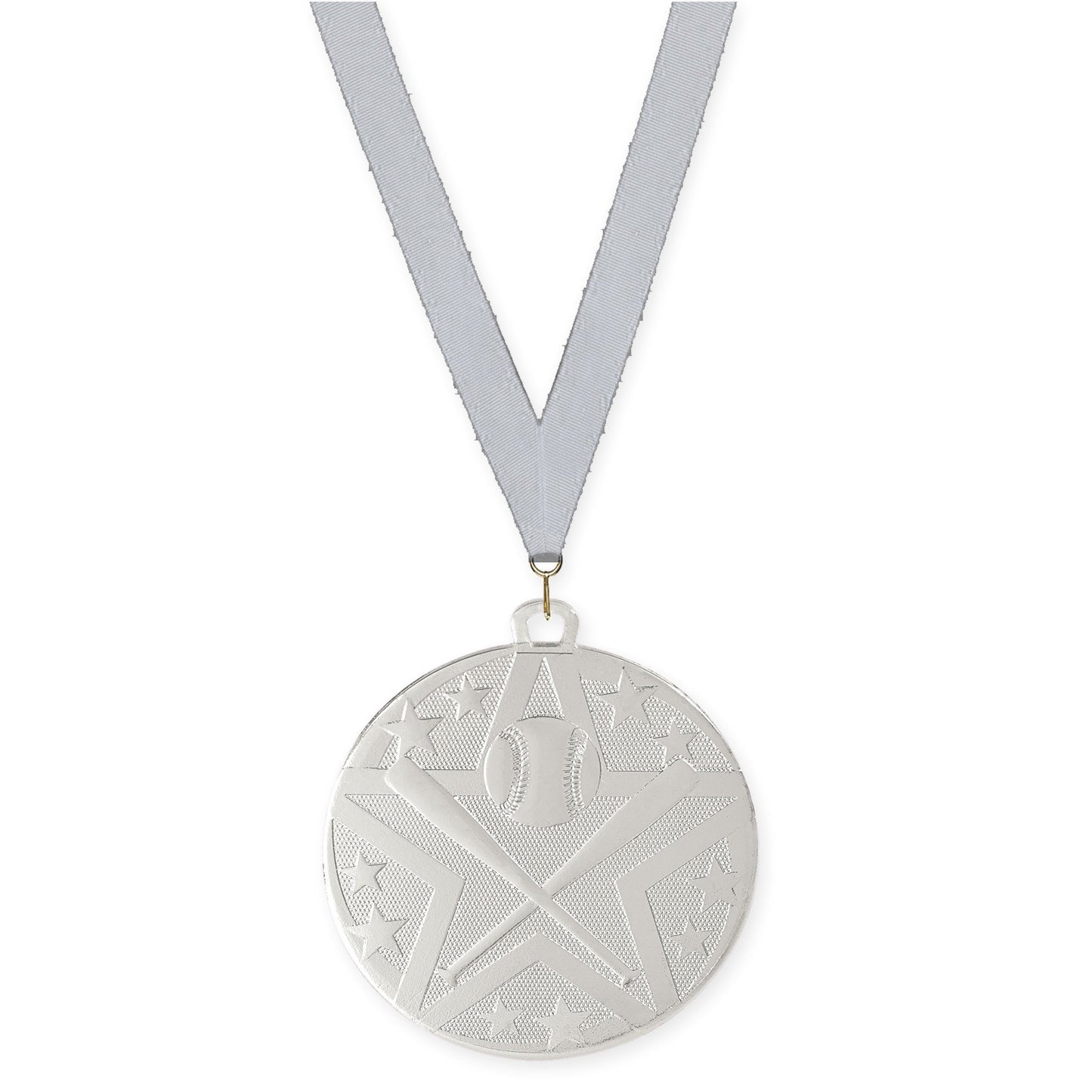 2 inch baseball and softball Superstar medal in silver with Silver Metallic neck ribbon