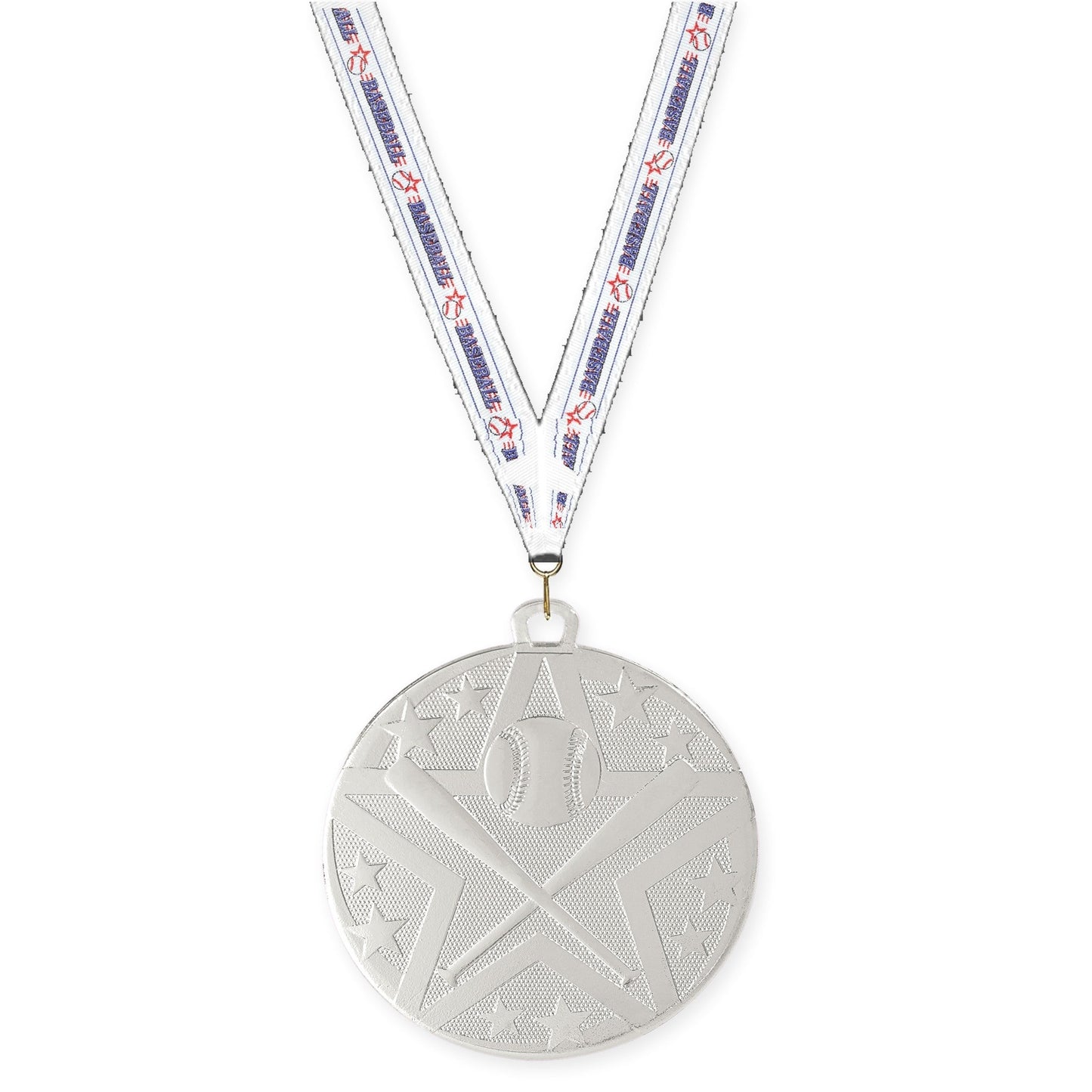 2 inch baseball and softball Superstar medal in silver with Baseball neck ribbon