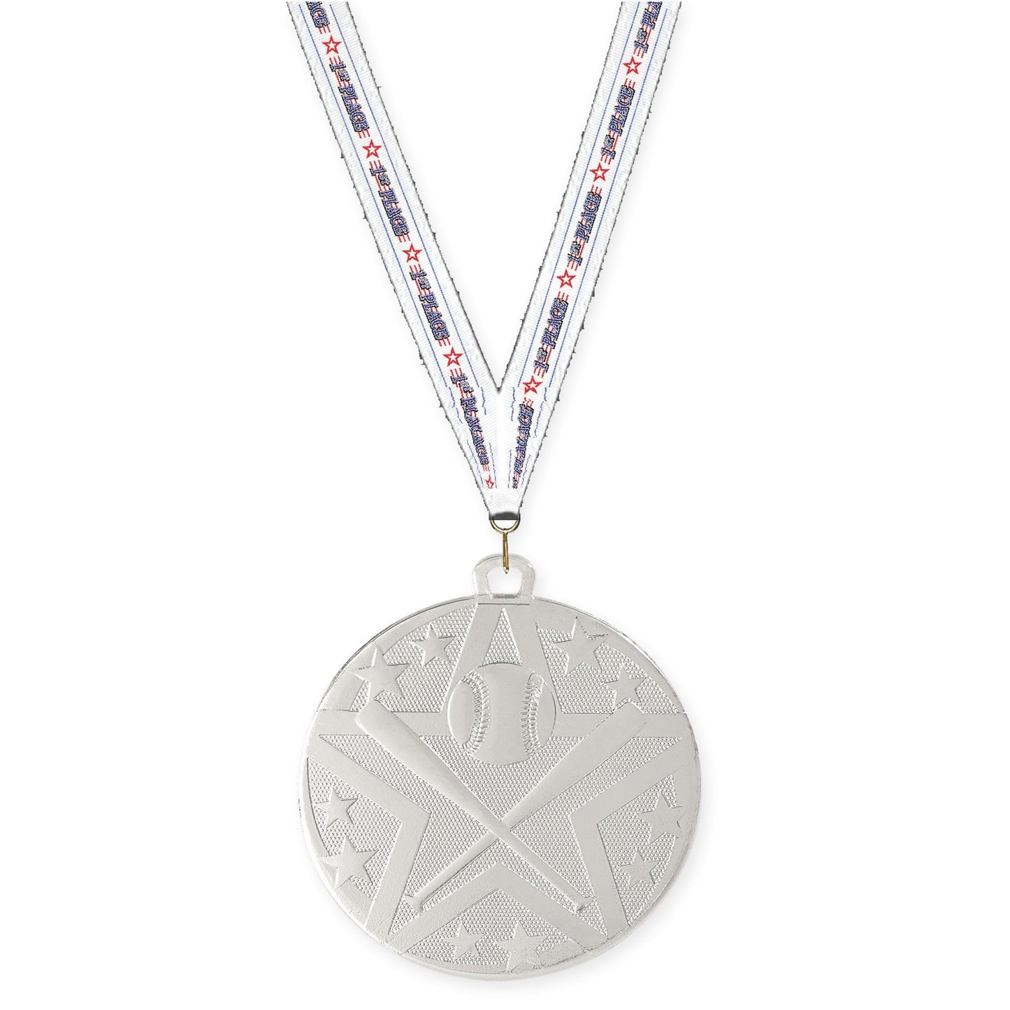 2 inch baseball and softball Superstar medal in silver with 1st Place neck ribbon