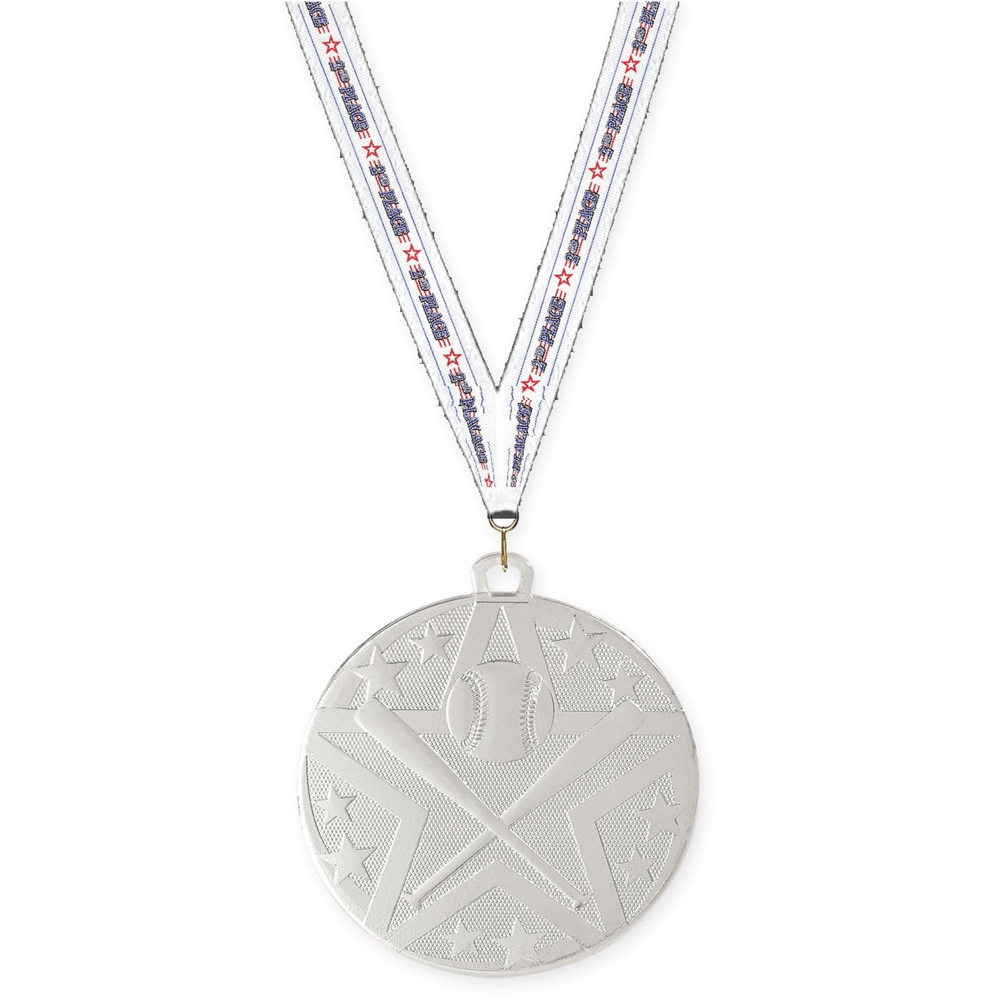 2 inch baseball and softball Superstar medal in silver with 2nd Place neck ribbon