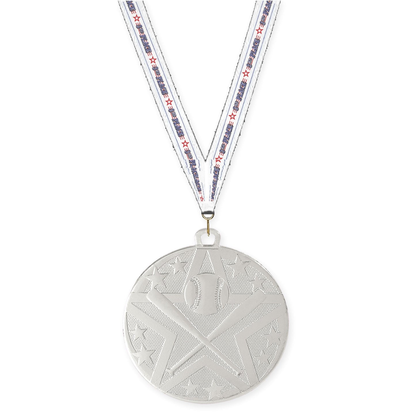 2 inch baseball and softball Superstar medal in silver with 3rd Place neck ribbon