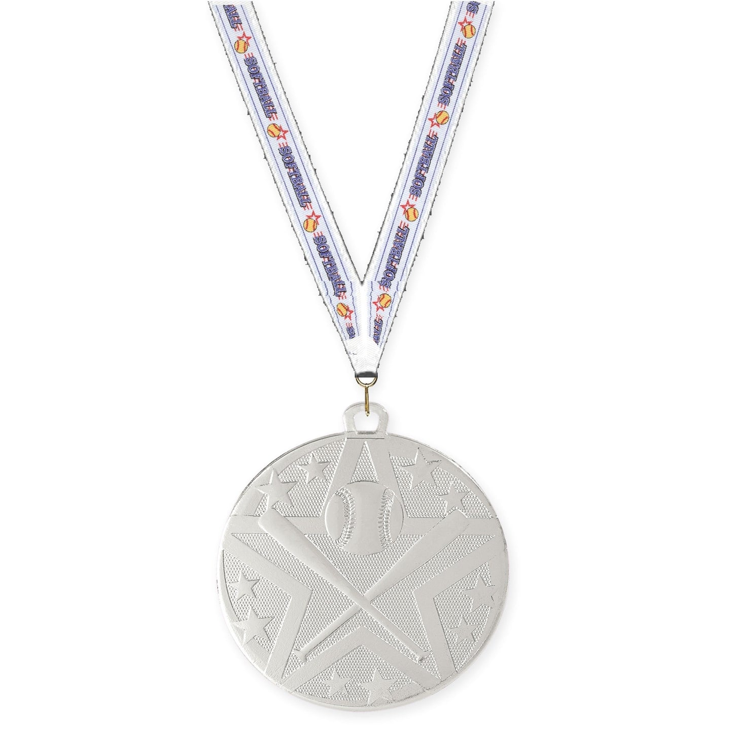 2 inch baseball and softball Superstar medal in silver with Softball neck ribbon