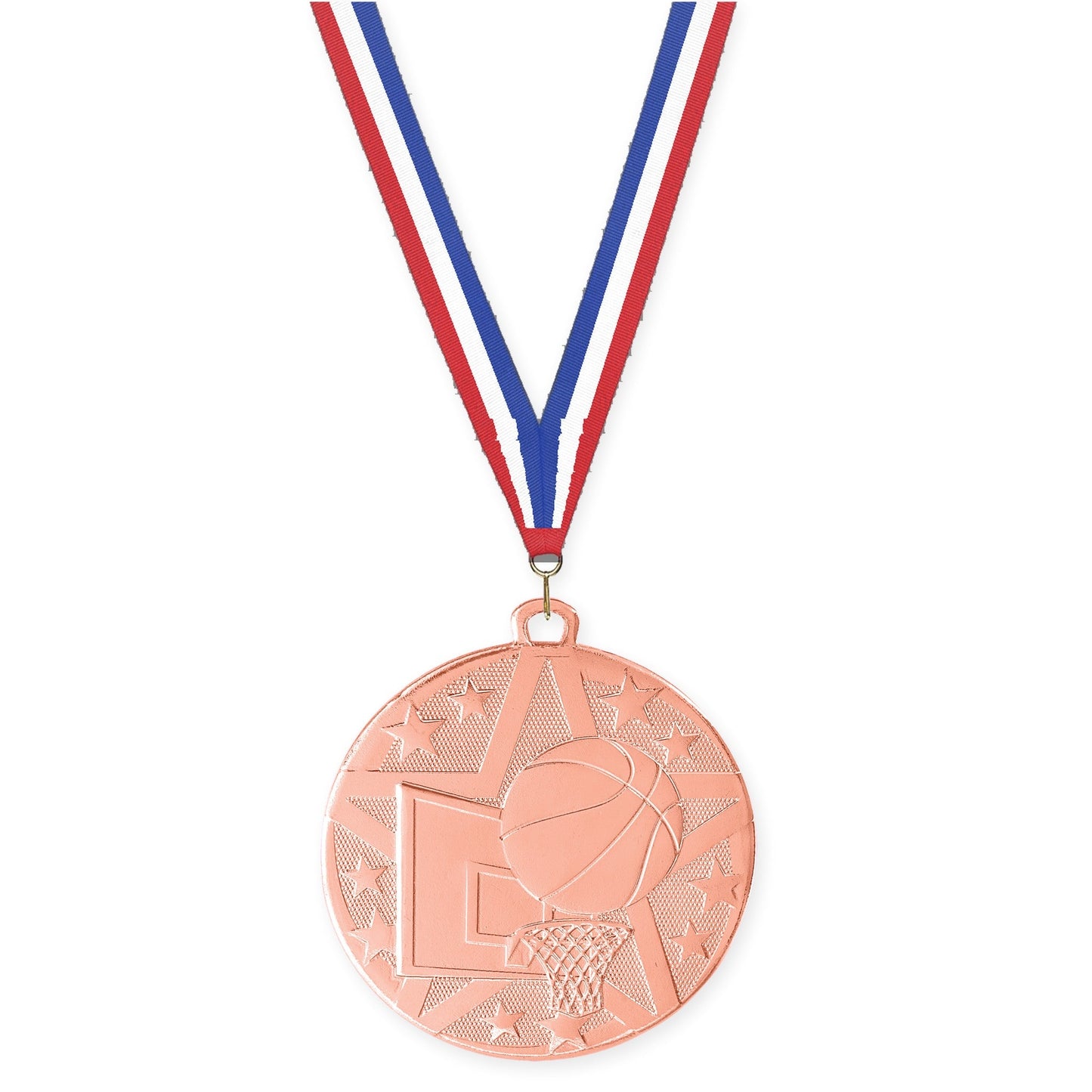 2 inch basketball Superstar medal in bronze with Red White Blue neck ribbon
