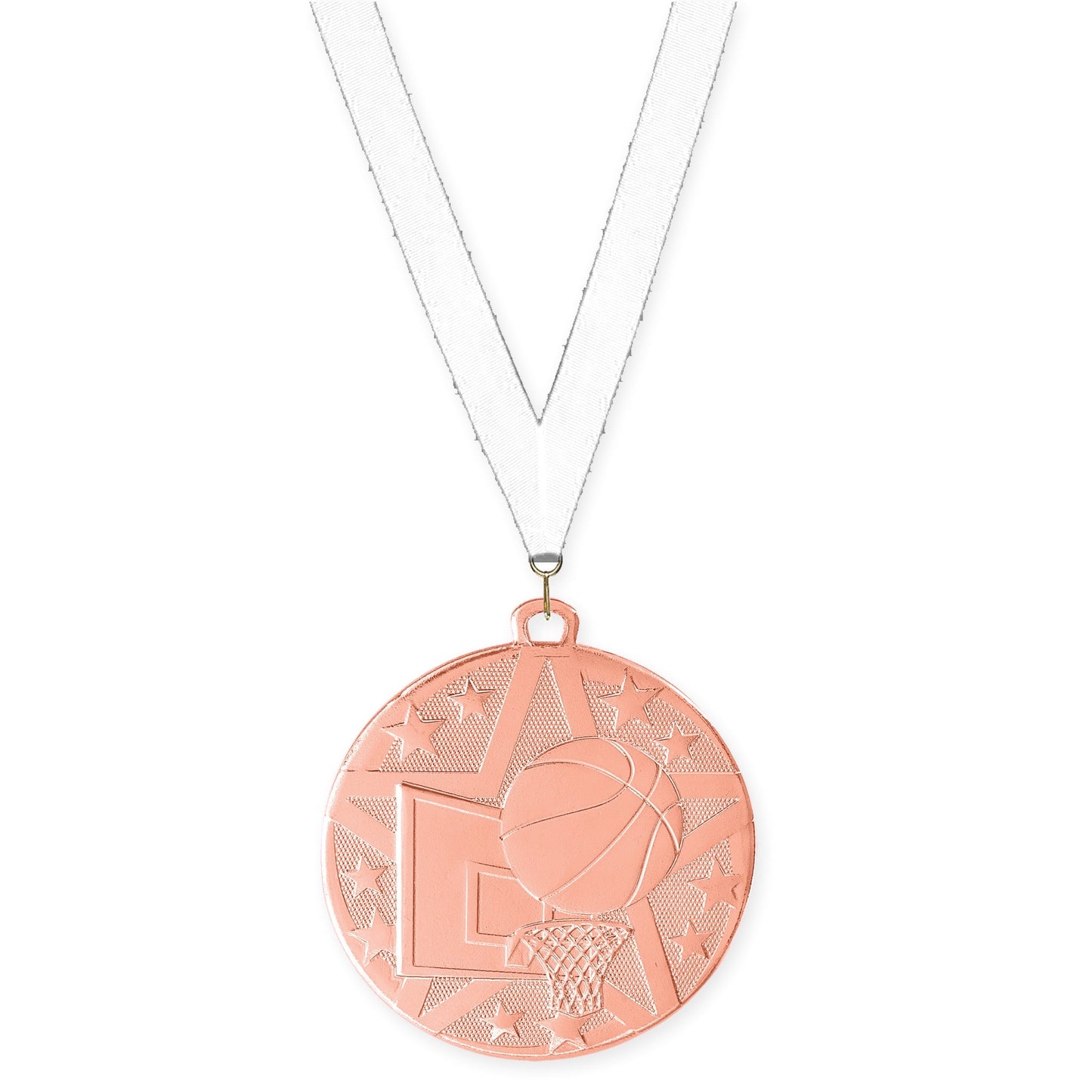 2 inch basketball Superstar medal in bronze with White neck ribbon
