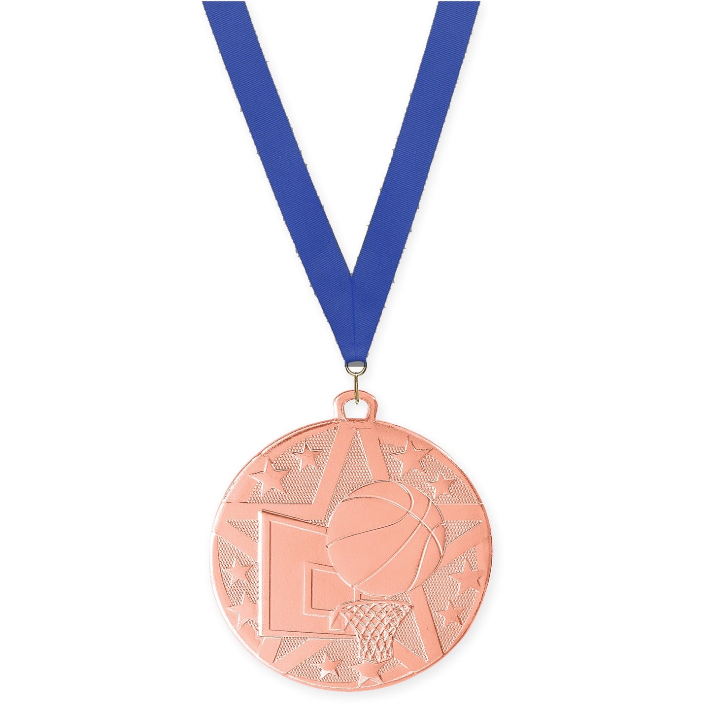 2 inch basketball Superstar medal in bronze with Blue neck ribbon