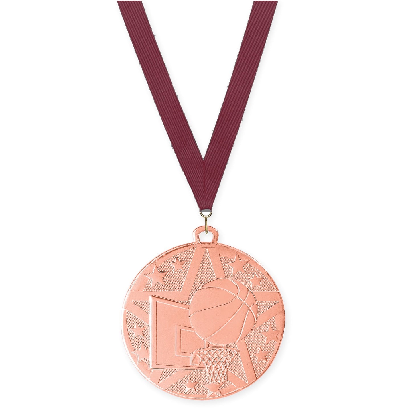 2 inch basketball Superstar medal in bronze with Maroon neck ribbon