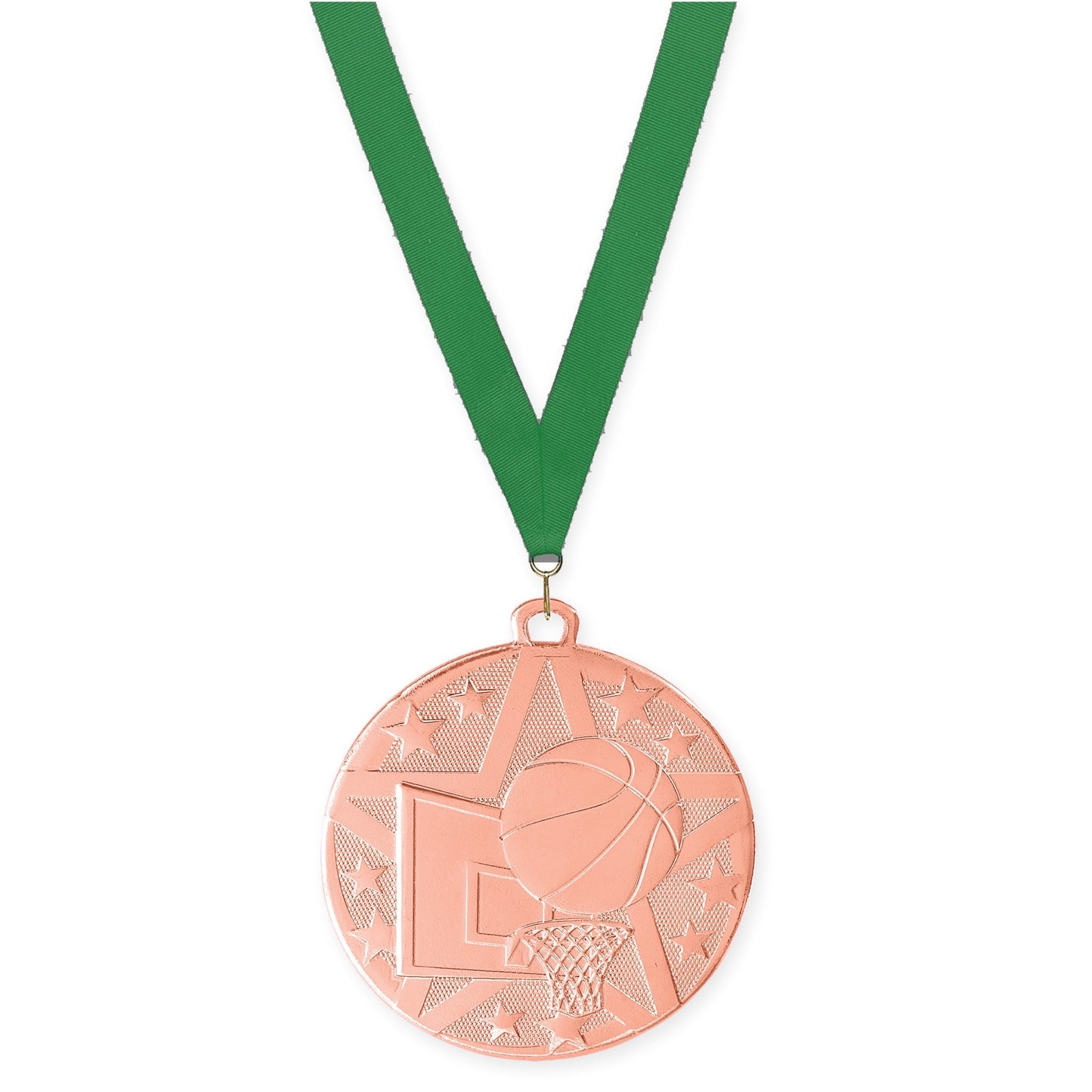 2 inch basketball Superstar medal in bronze with Green neck ribbon