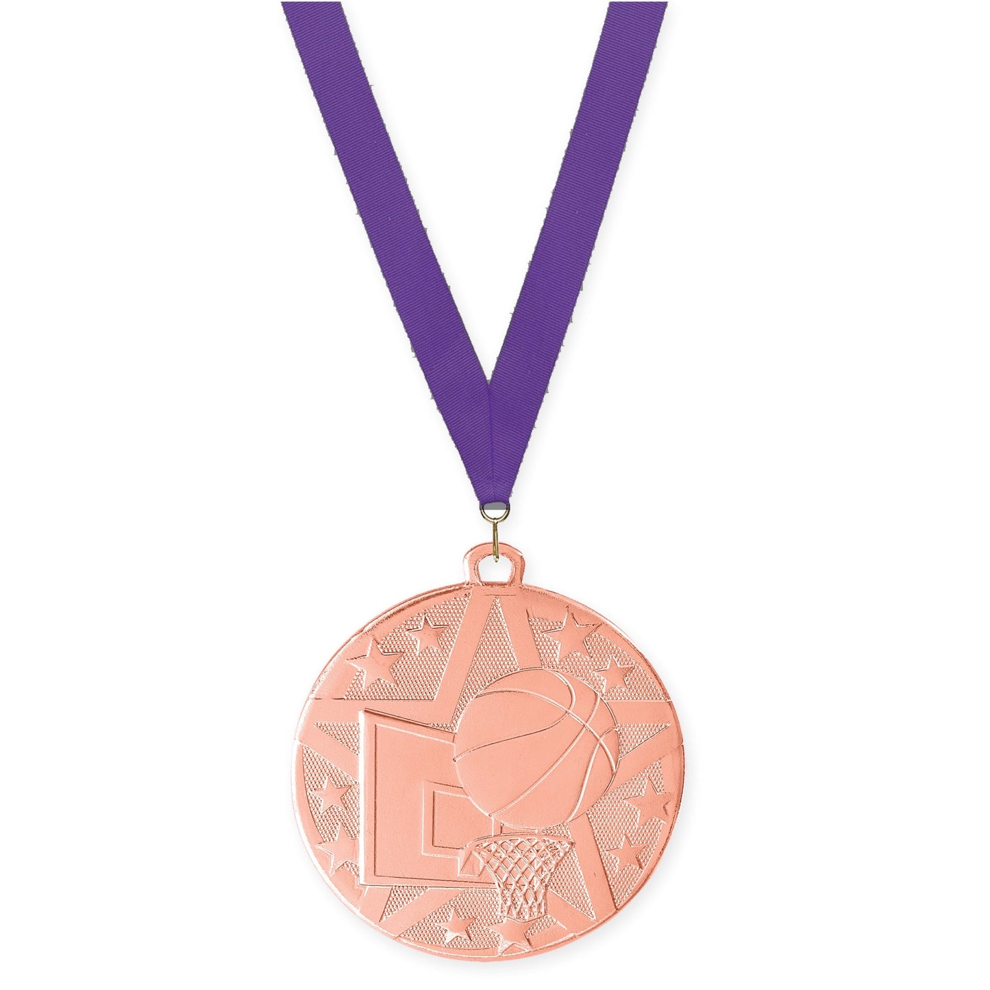 2 inch basketball Superstar medal in bronze with Purple neck ribbon