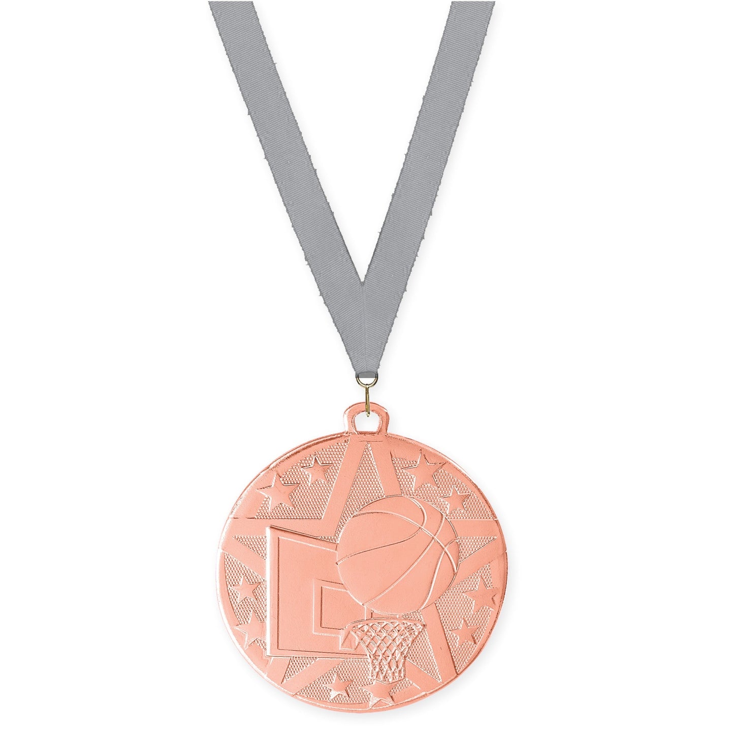 2 inch basketball Superstar medal in bronze with Gray neck ribbon