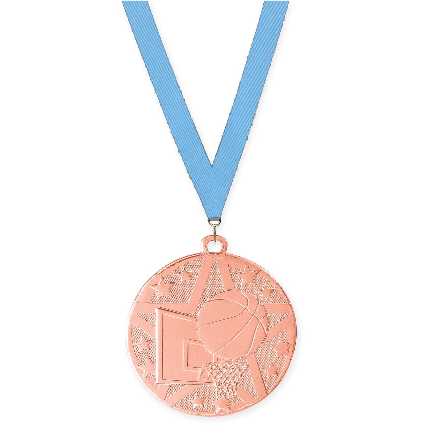 2 inch basketball Superstar medal in bronze with Light Blue neck ribbon