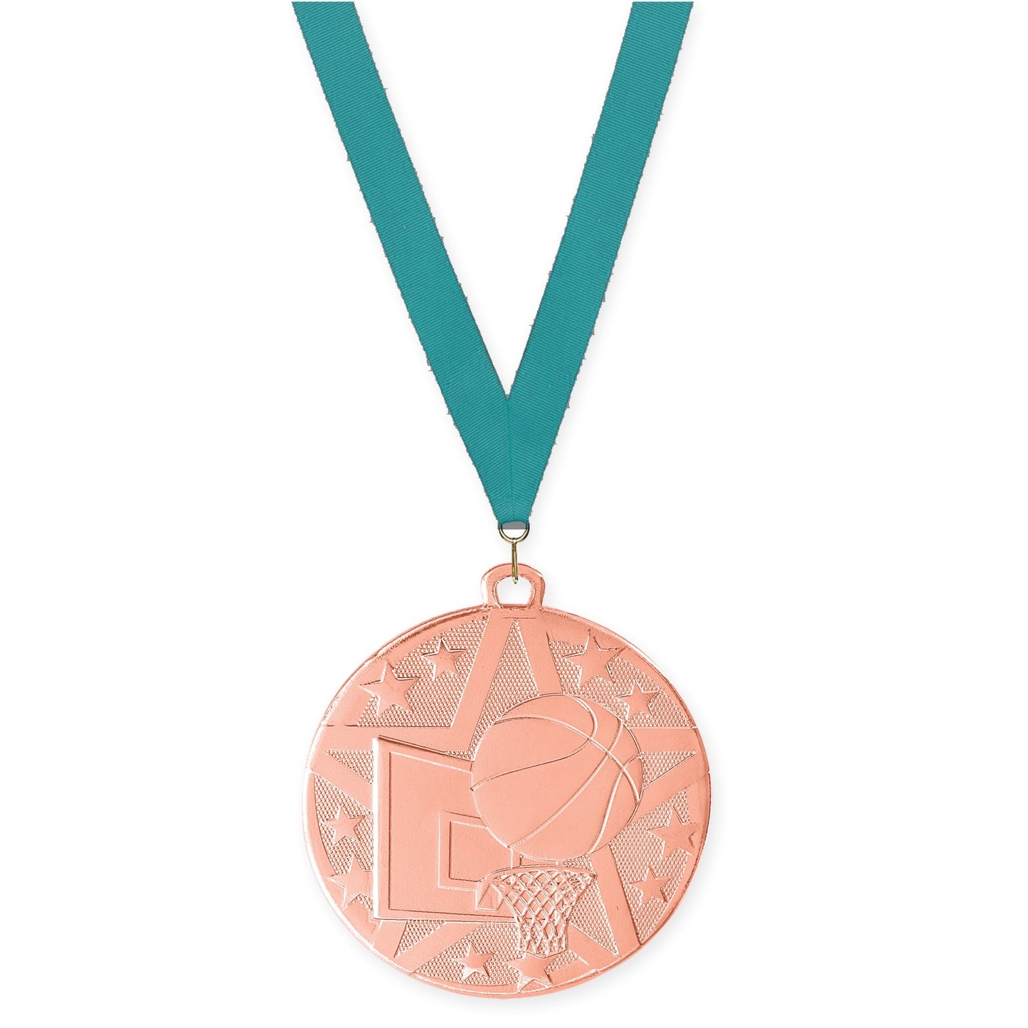 2 inch basketball Superstar medal in bronze with Teal neck ribbon