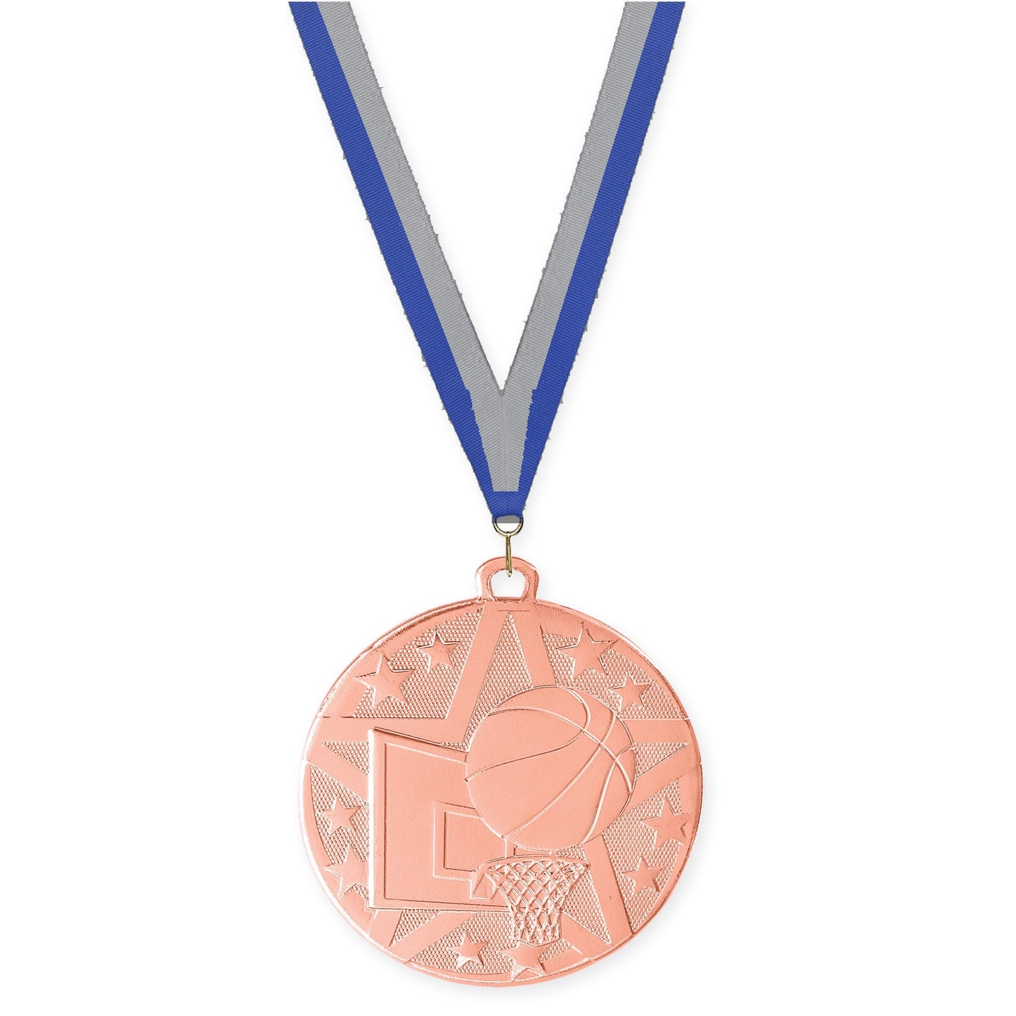 2 inch basketball Superstar medal in bronze with Blue Gray neck ribbon
