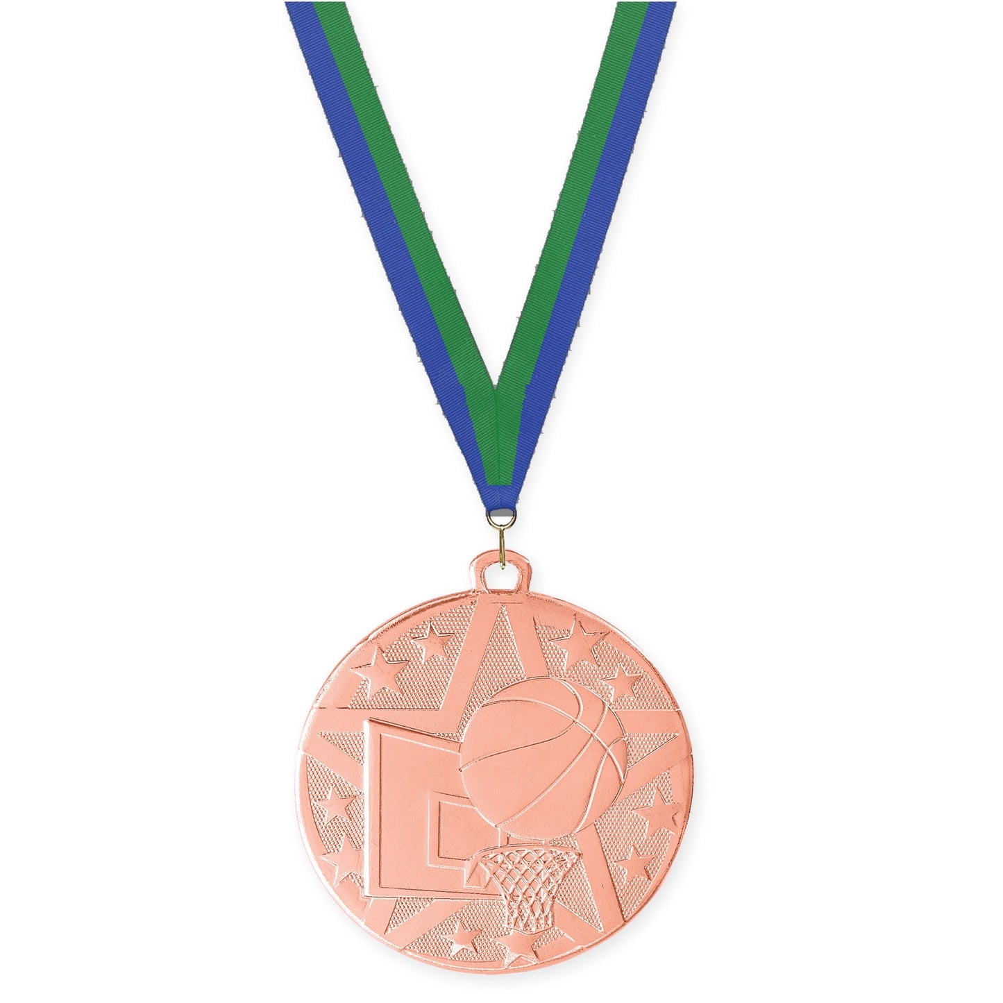 2 inch basketball Superstar medal in bronze with Blue Green neck ribbon