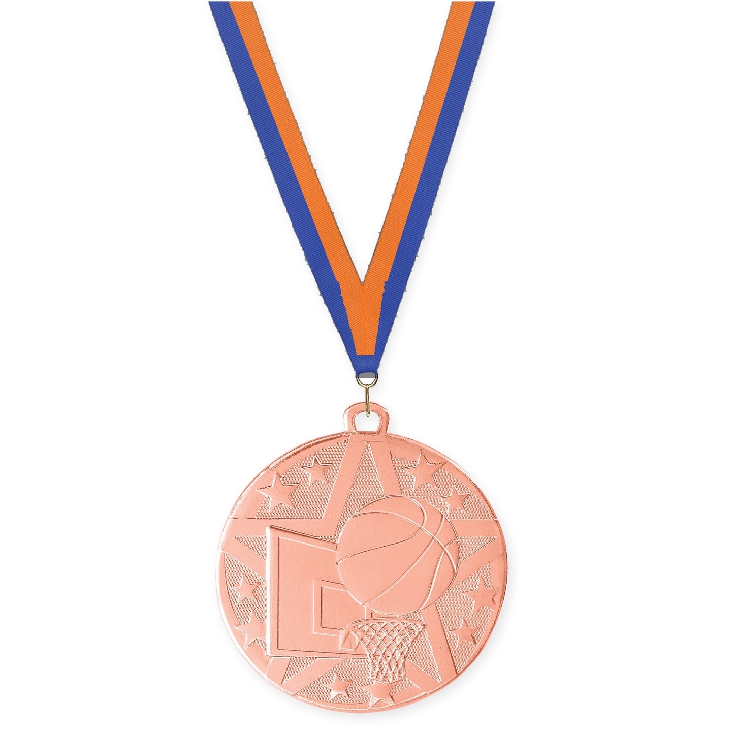 2 inch basketball Superstar medal in bronze with Blue Orange neck ribbon
