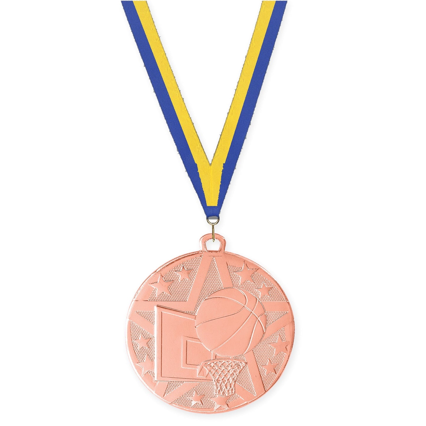 2 inch basketball Superstar medal in bronze with Blue Yellow neck ribbon