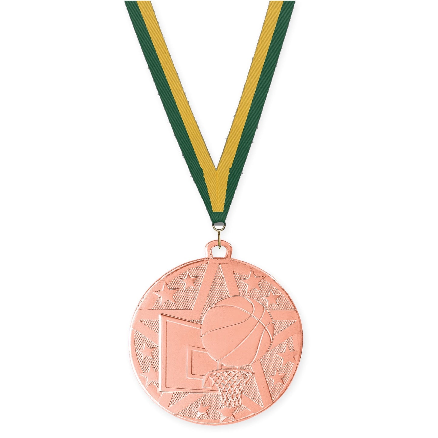 2 inch basketball Superstar medal in bronze with Hunter Green Gold neck ribbon