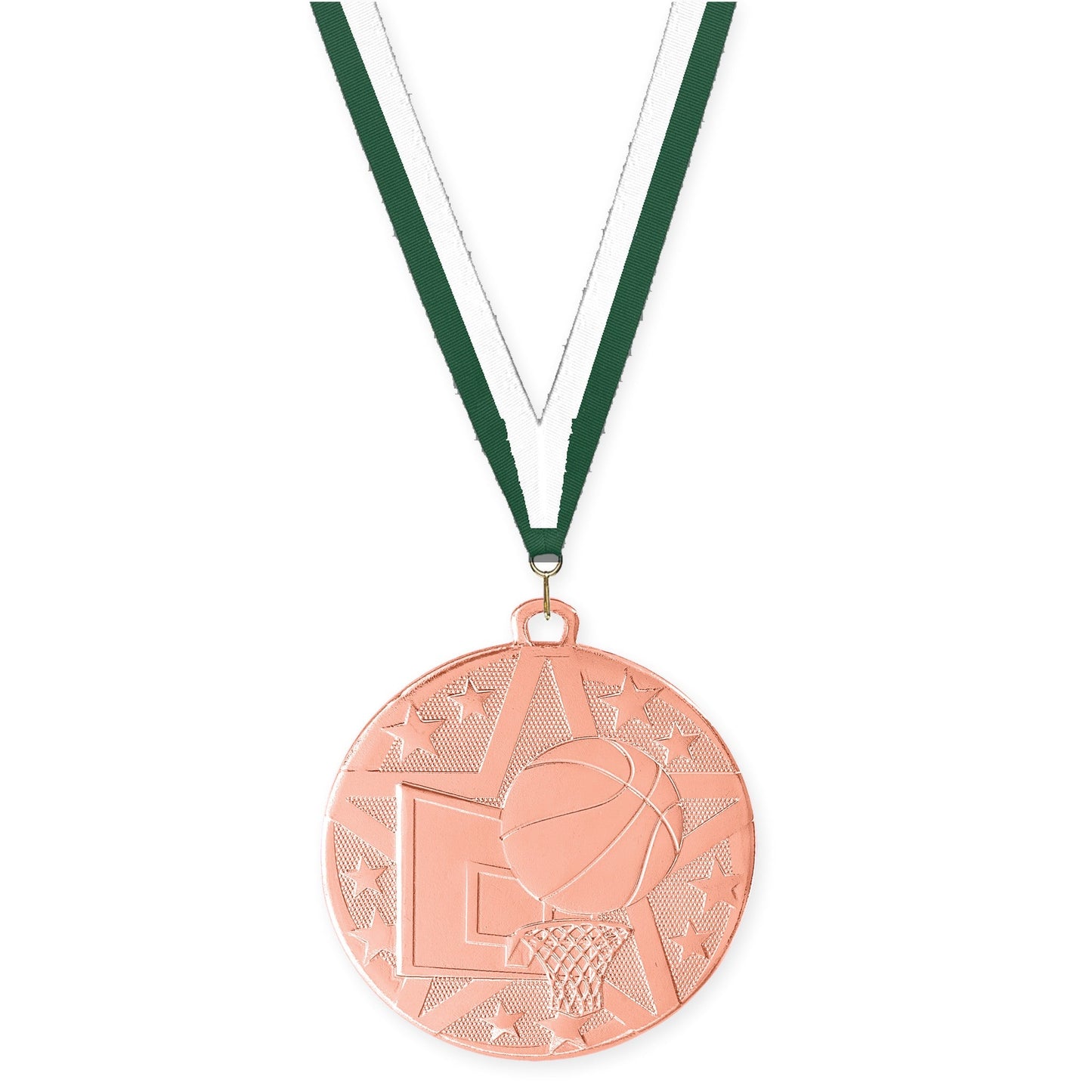 2 inch basketball Superstar medal in bronze with Hunter Green White neck ribbon