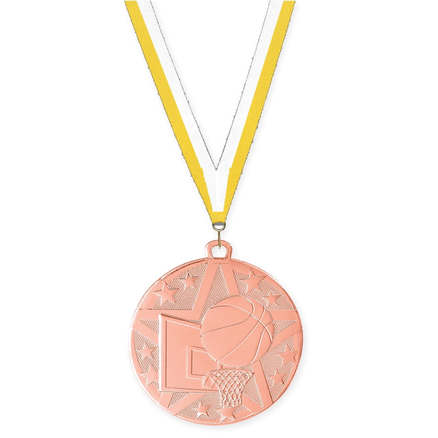 2 inch basketball Superstar medal in bronze with Yellow White neck ribbon