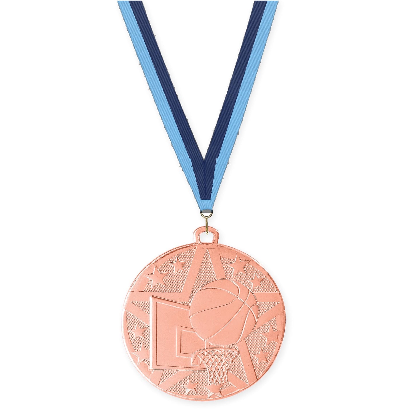 2 inch basketball Superstar medal in bronze with Light Blue Navy neck ribbon