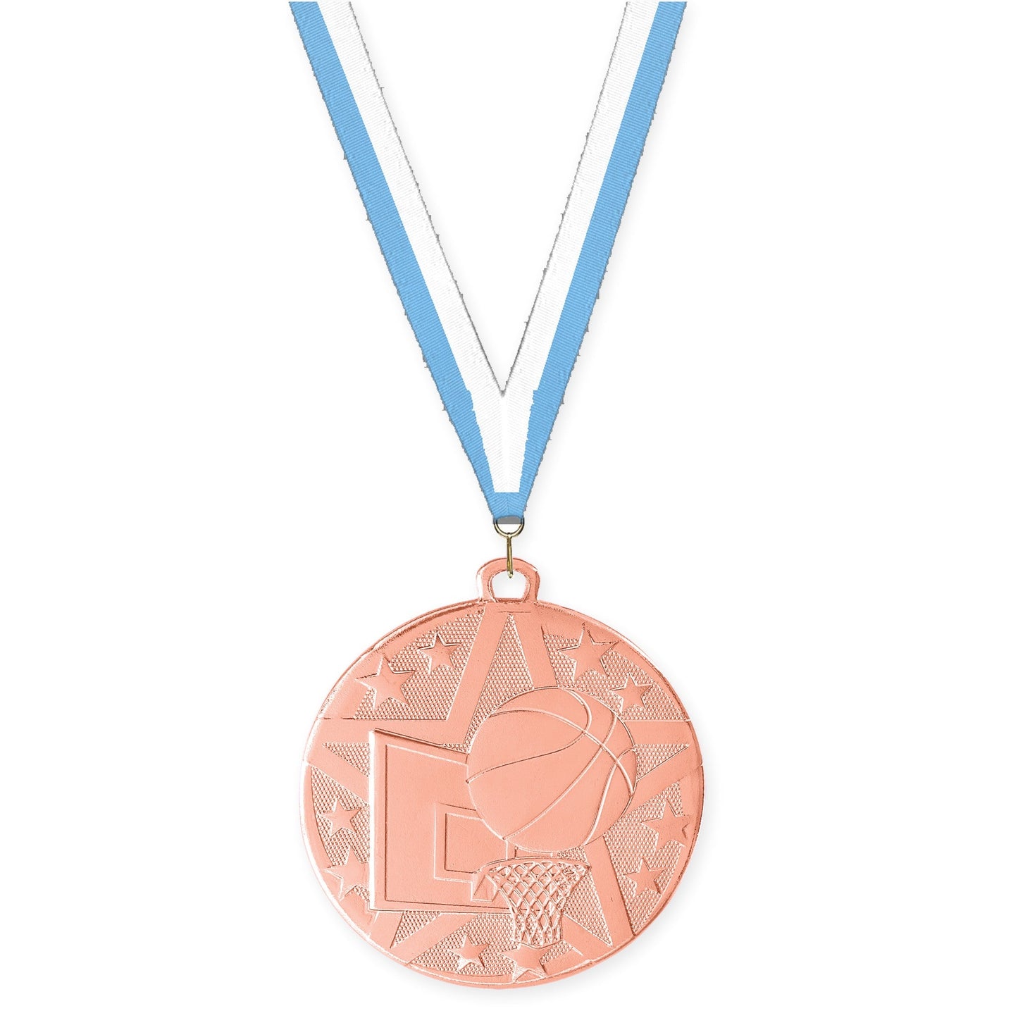 2 inch basketball Superstar medal in bronze with Light Blue White neck ribbon