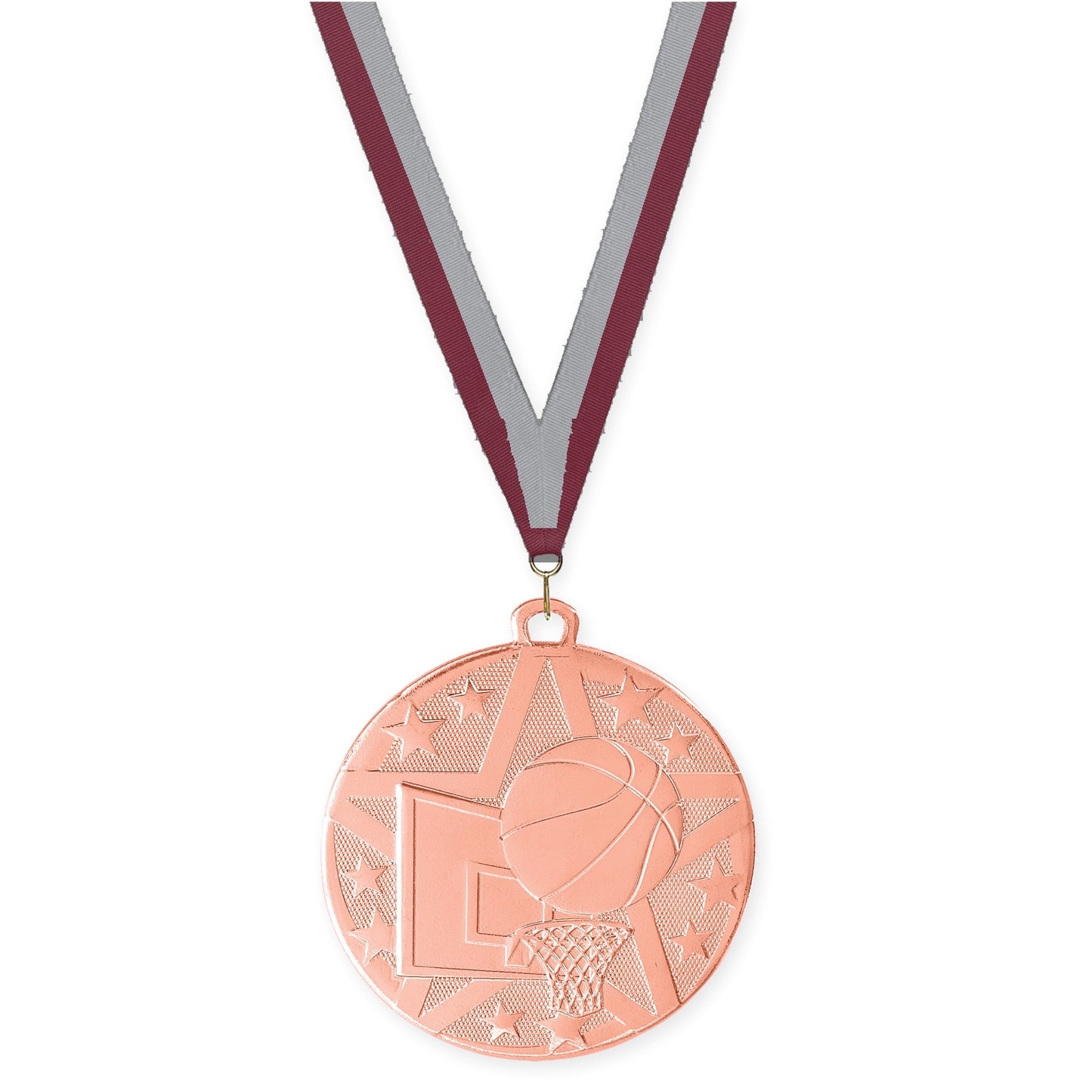 2 inch basketball Superstar medal in bronze with Maroon Gray neck ribbon