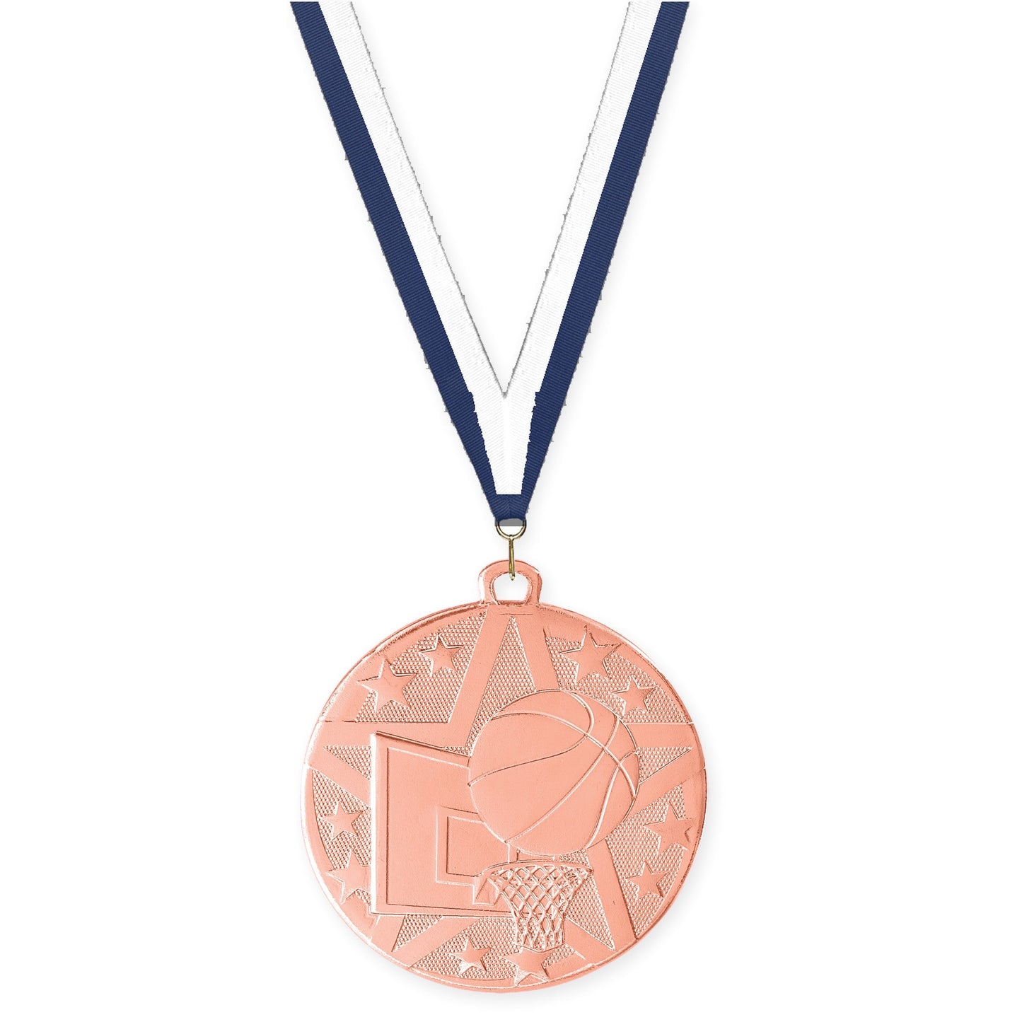 2 inch basketball Superstar medal in bronze with Navy White neck ribbon