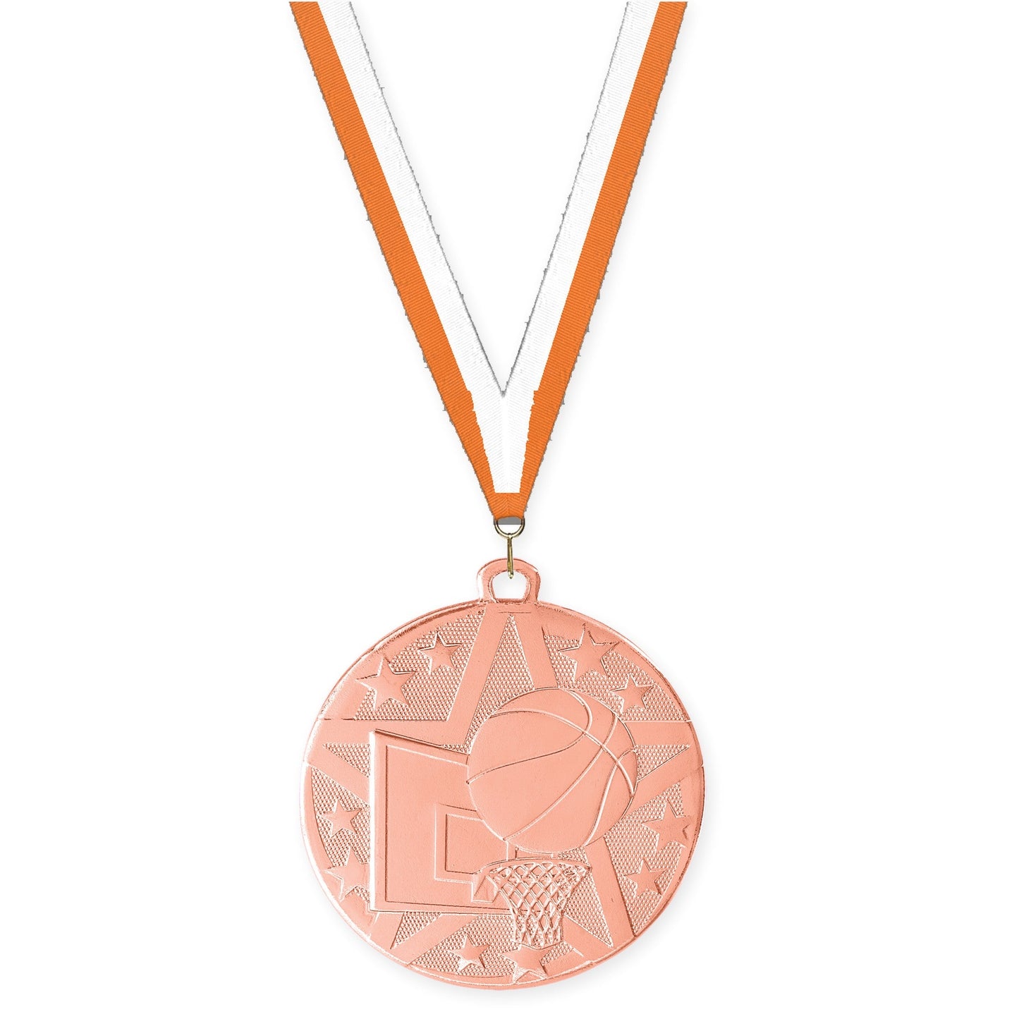 2 inch basketball Superstar medal in bronze with Orange White neck ribbon