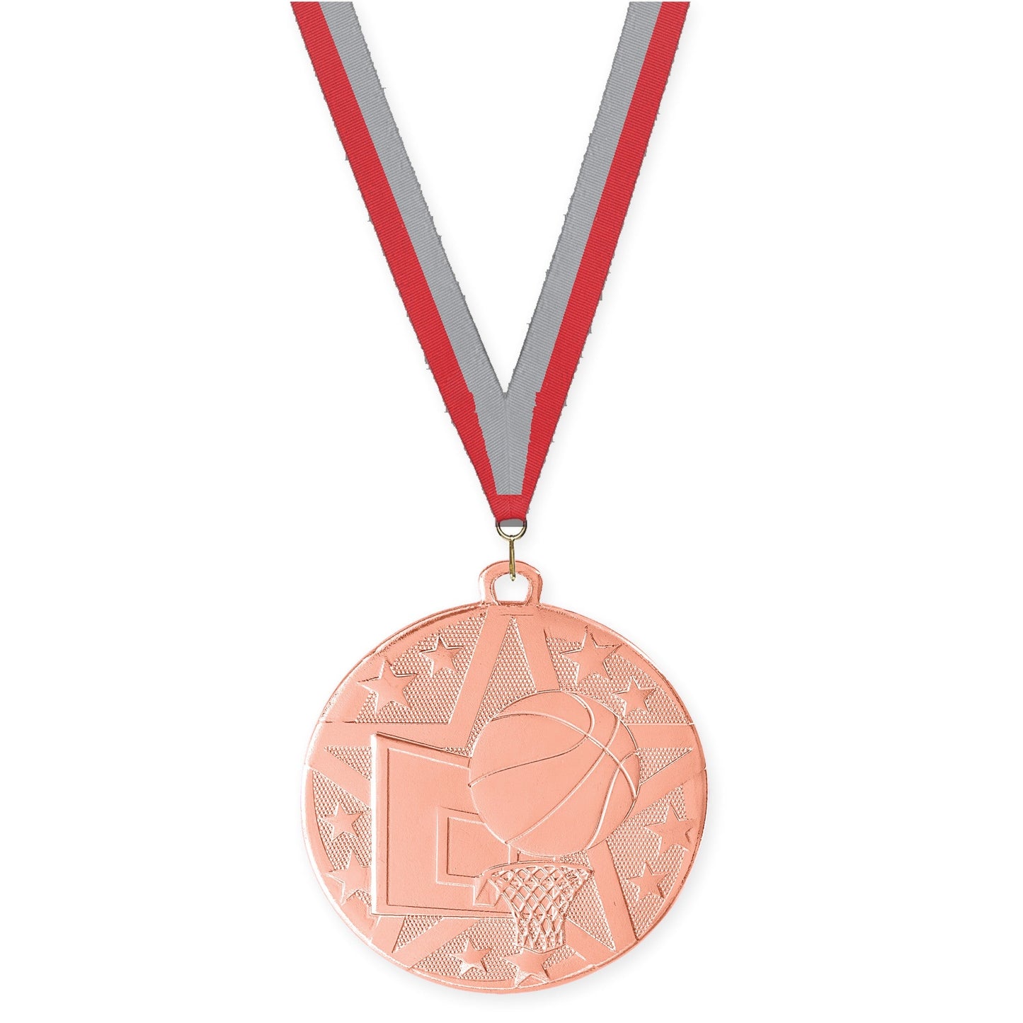 2 inch basketball Superstar medal in bronze with Red Gray neck ribbon