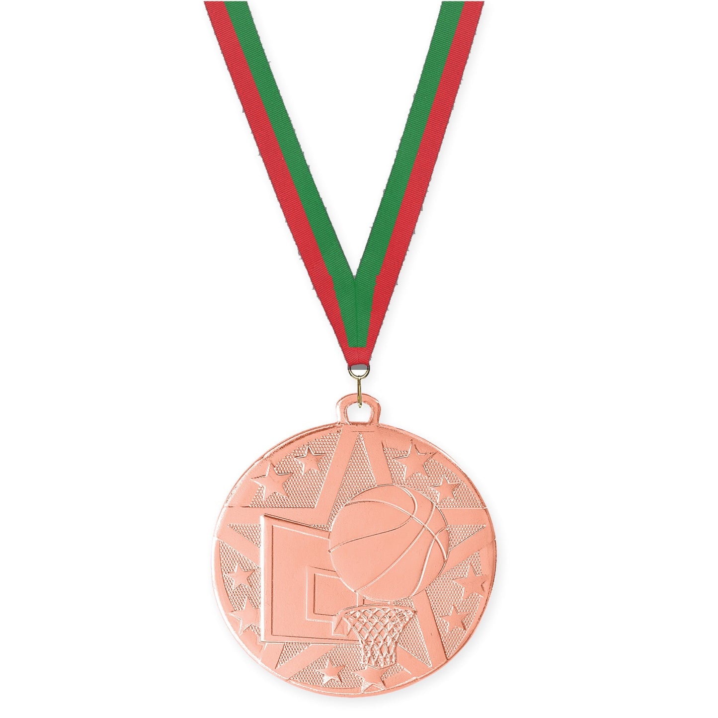 2 inch basketball Superstar medal in bronze with Red Green neck ribbon
