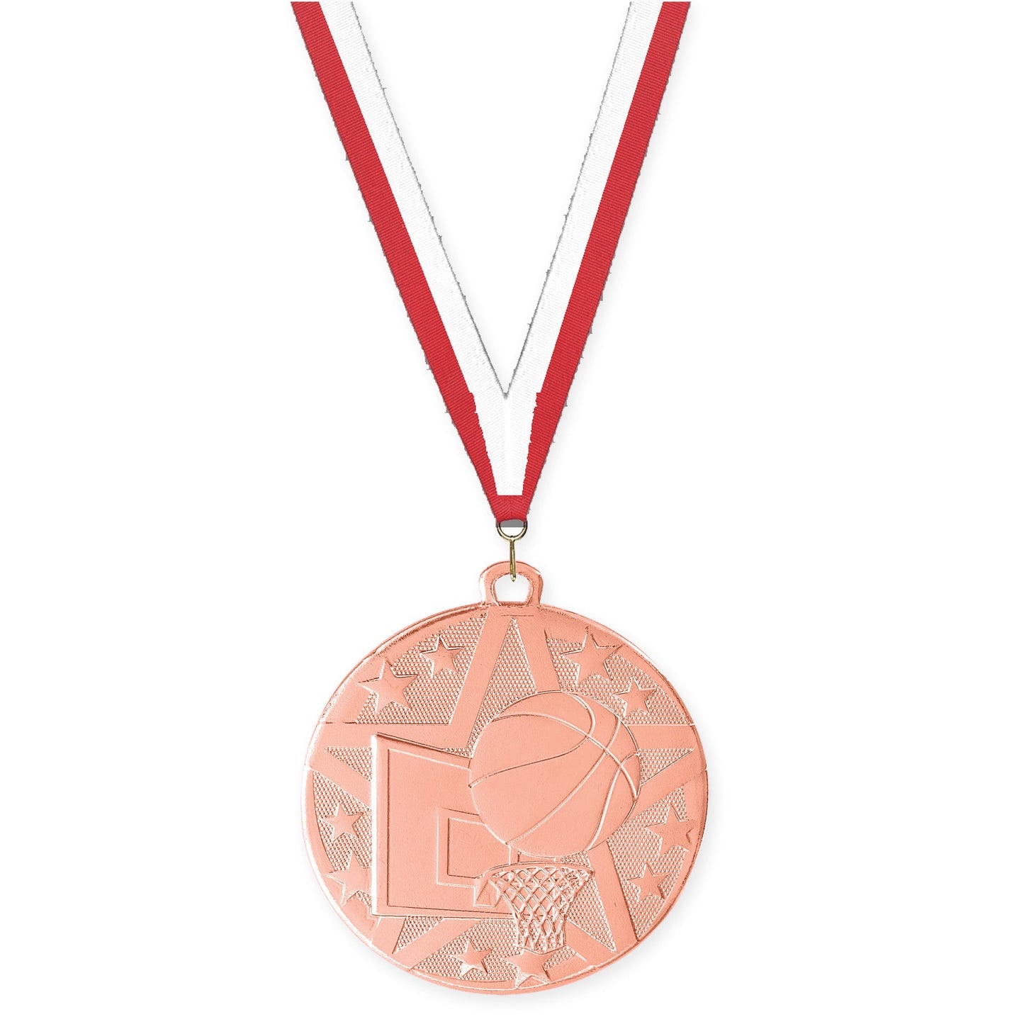 2 inch basketball Superstar medal in bronze with Red White neck ribbon