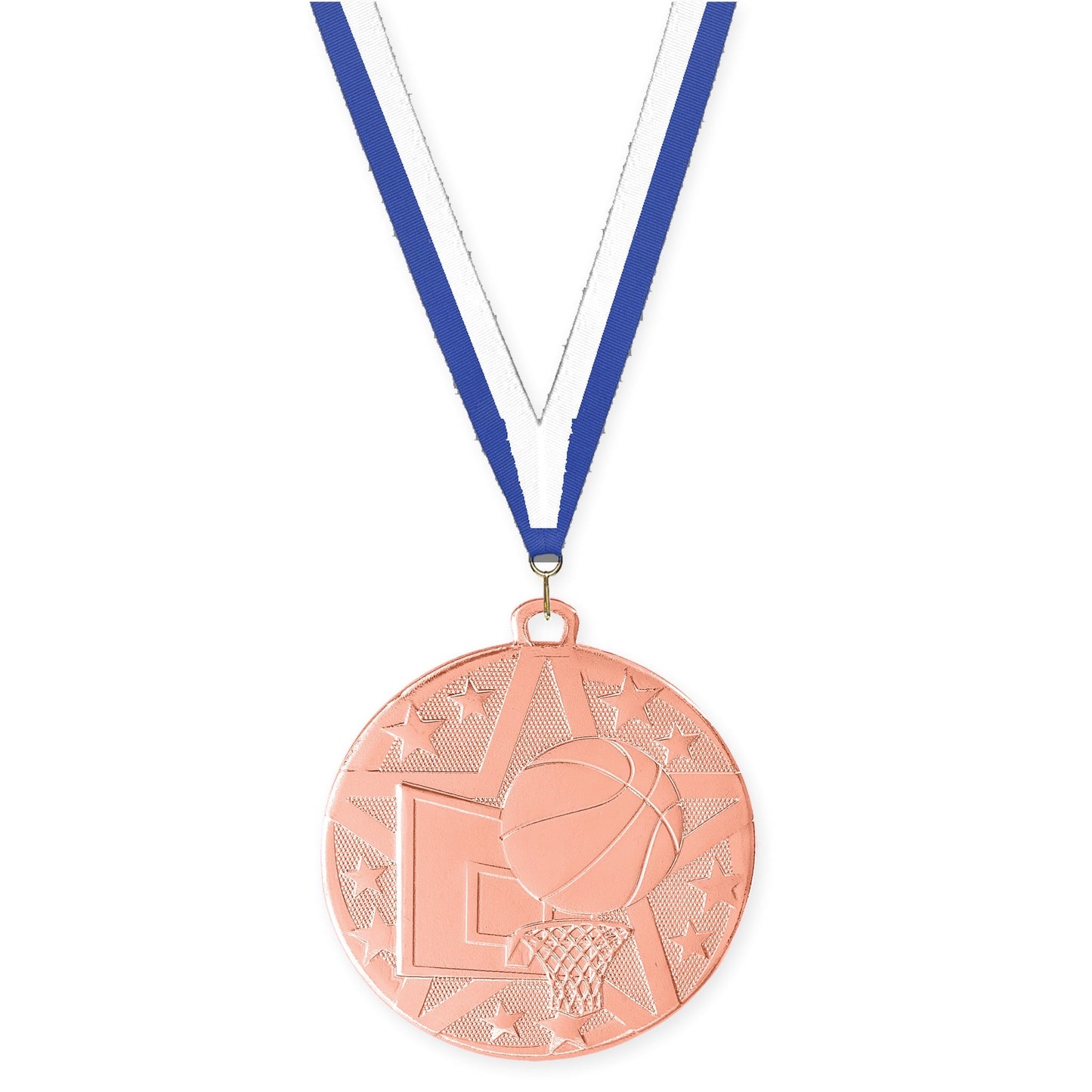 2 inch basketball Superstar medal in bronze with Blue White neck ribbon