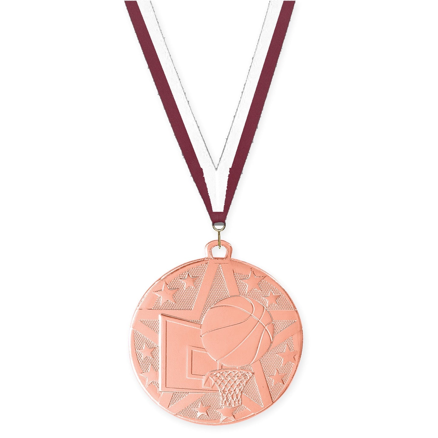 2 inch basketball Superstar medal in bronze with Maroon White neck ribbon
