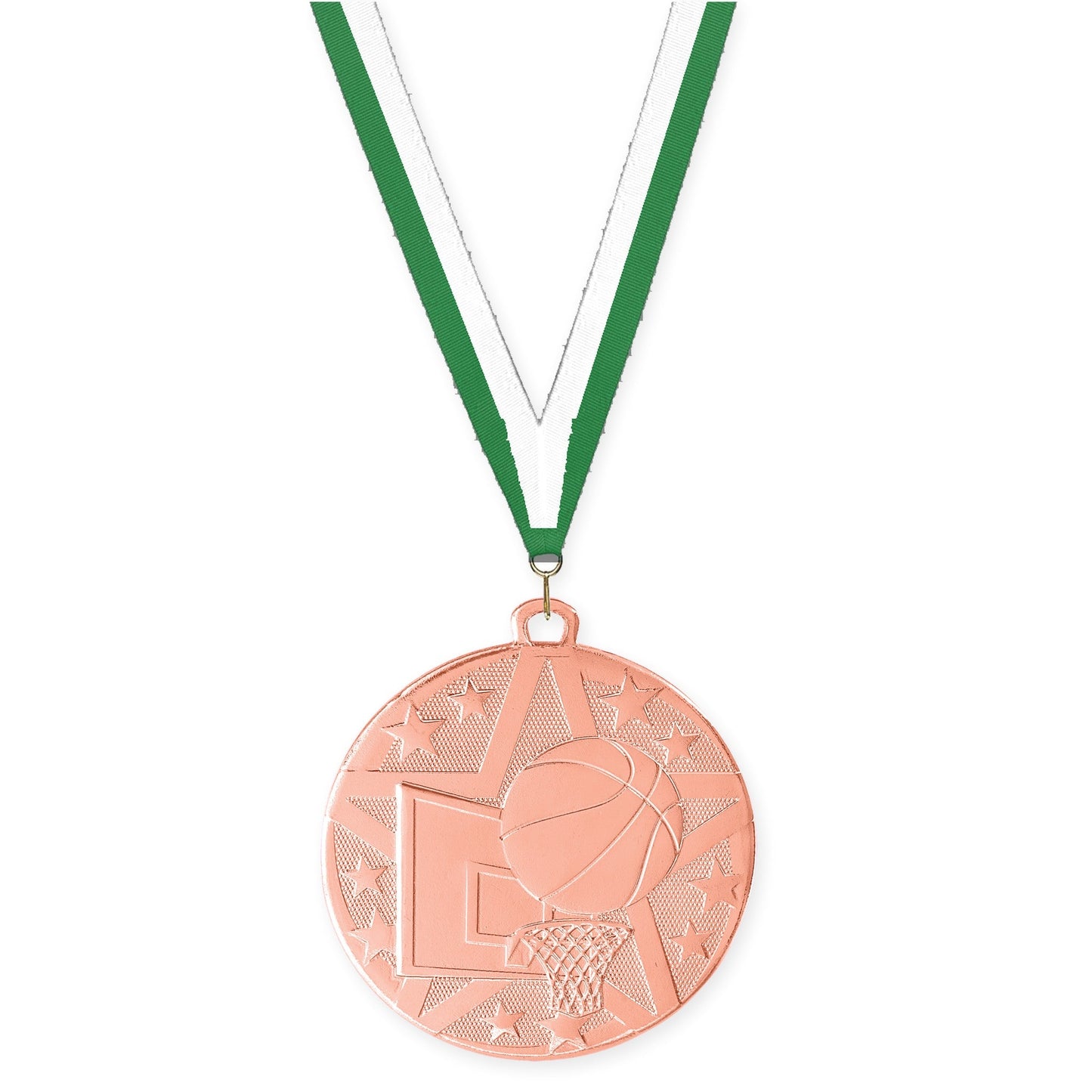 2 inch basketball Superstar medal in bronze with Green White neck ribbon