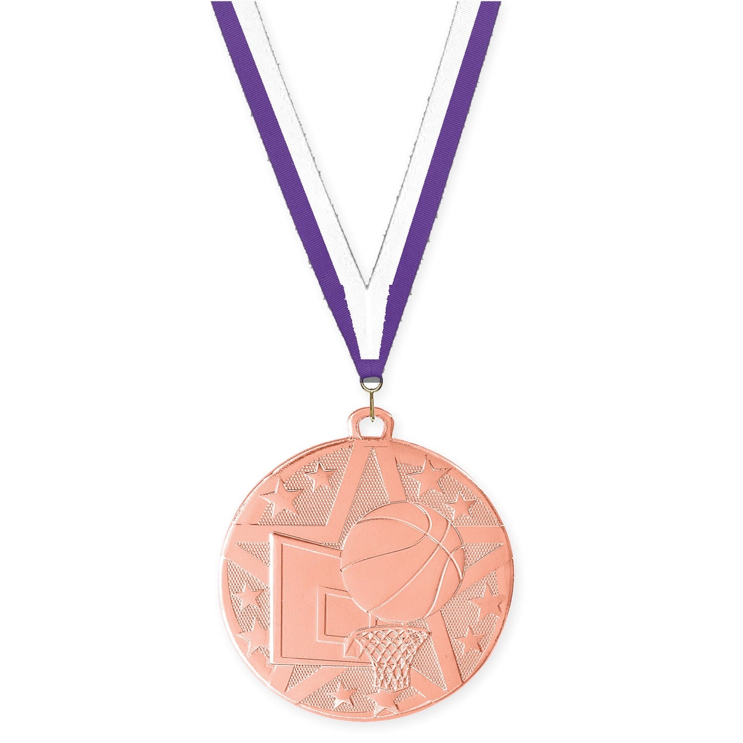 2 inch basketball Superstar medal in bronze with Purple White neck ribbon