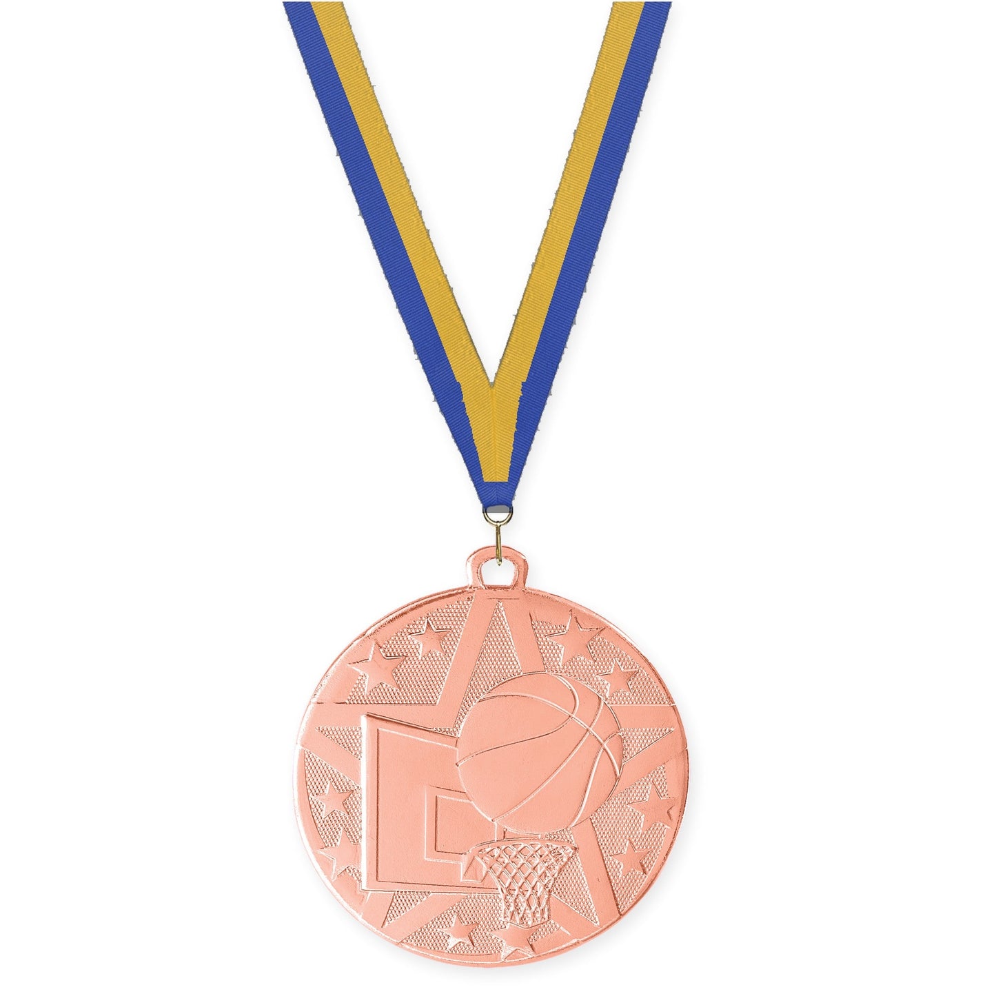 2 inch basketball Superstar medal in bronze with Blue Gold neck ribbon