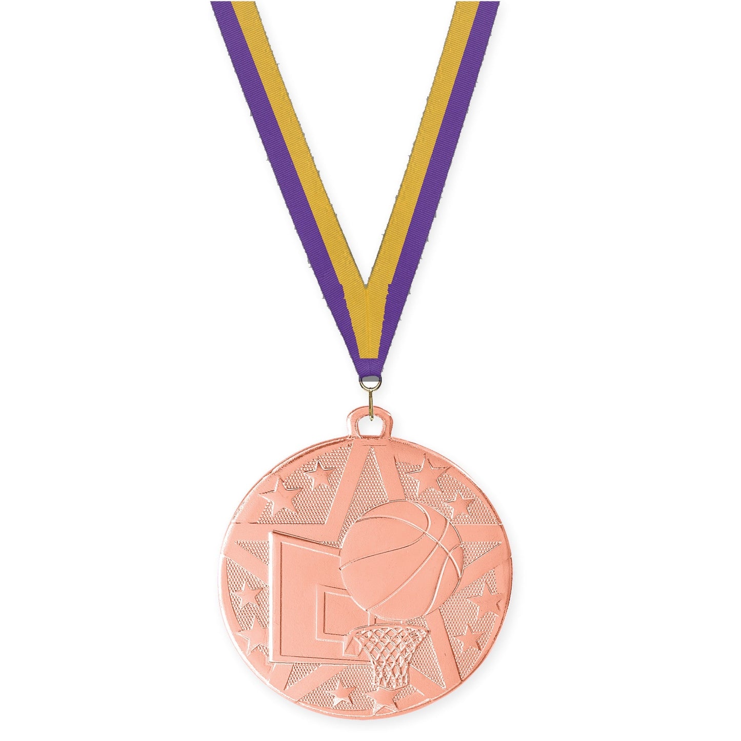 2 inch basketball Superstar medal in bronze with Purple Gold neck ribbon