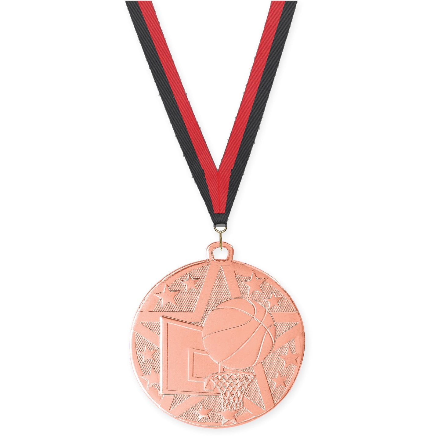 2 inch basketball Superstar medal in bronze with Black Red neck ribbon
