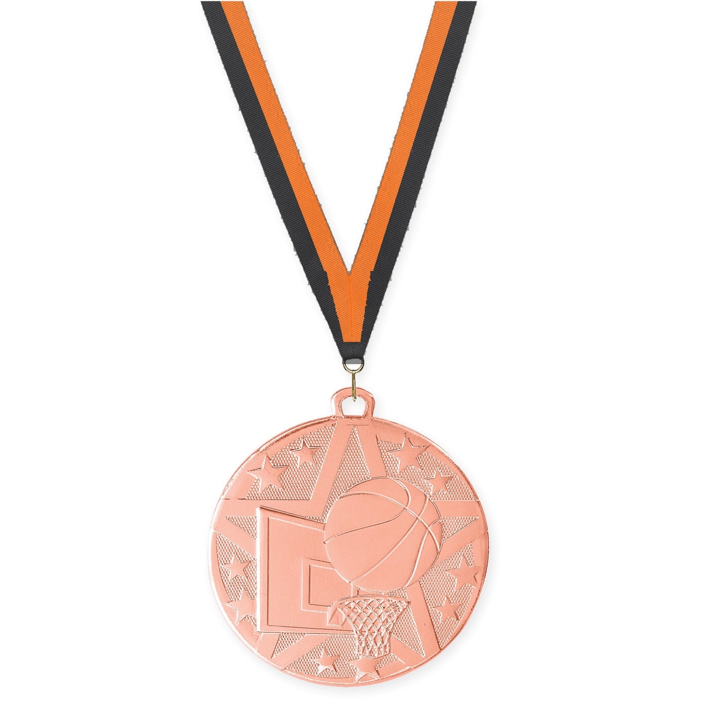 2 inch basketball Superstar medal in bronze with Black Orange neck ribbon